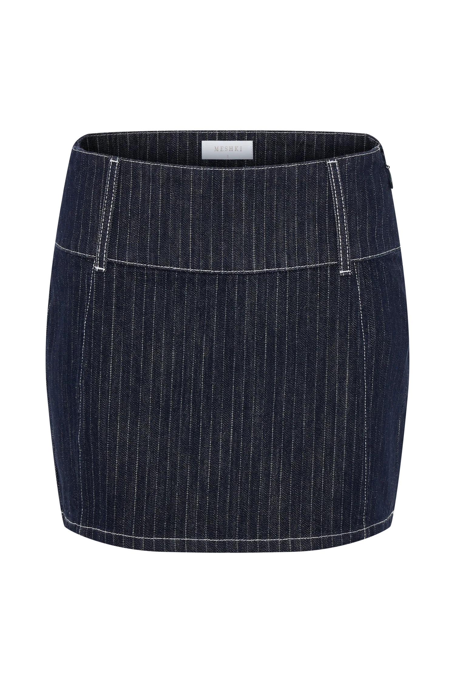 Loraine Mid Rise Denim Mini Skirt Indigo Pinstripe