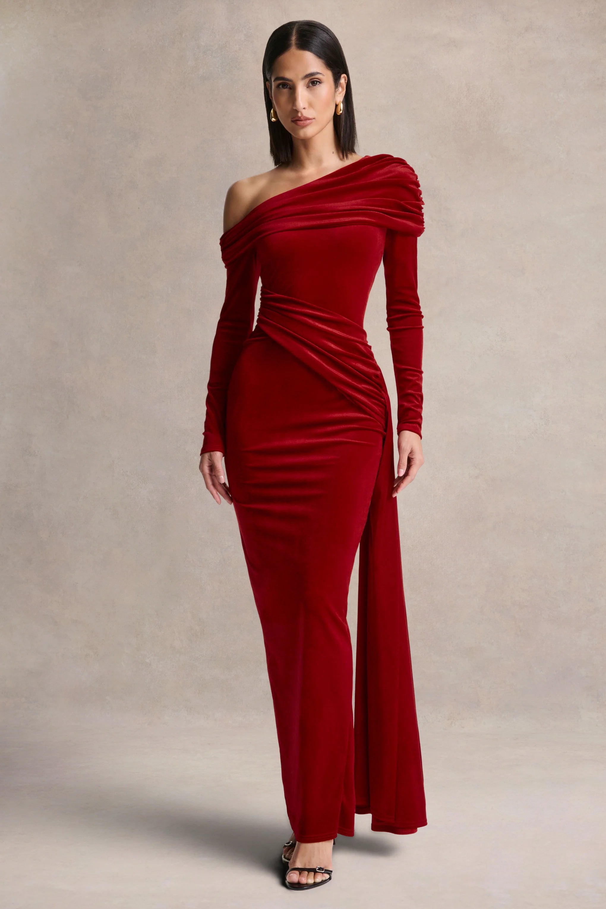 Hadria Red Velvet Asymmetric Neck Maxi Dress With Sash Detail