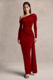 Hadria Red Velvet Asymmetric Neck Maxi Dress With Sash Detail