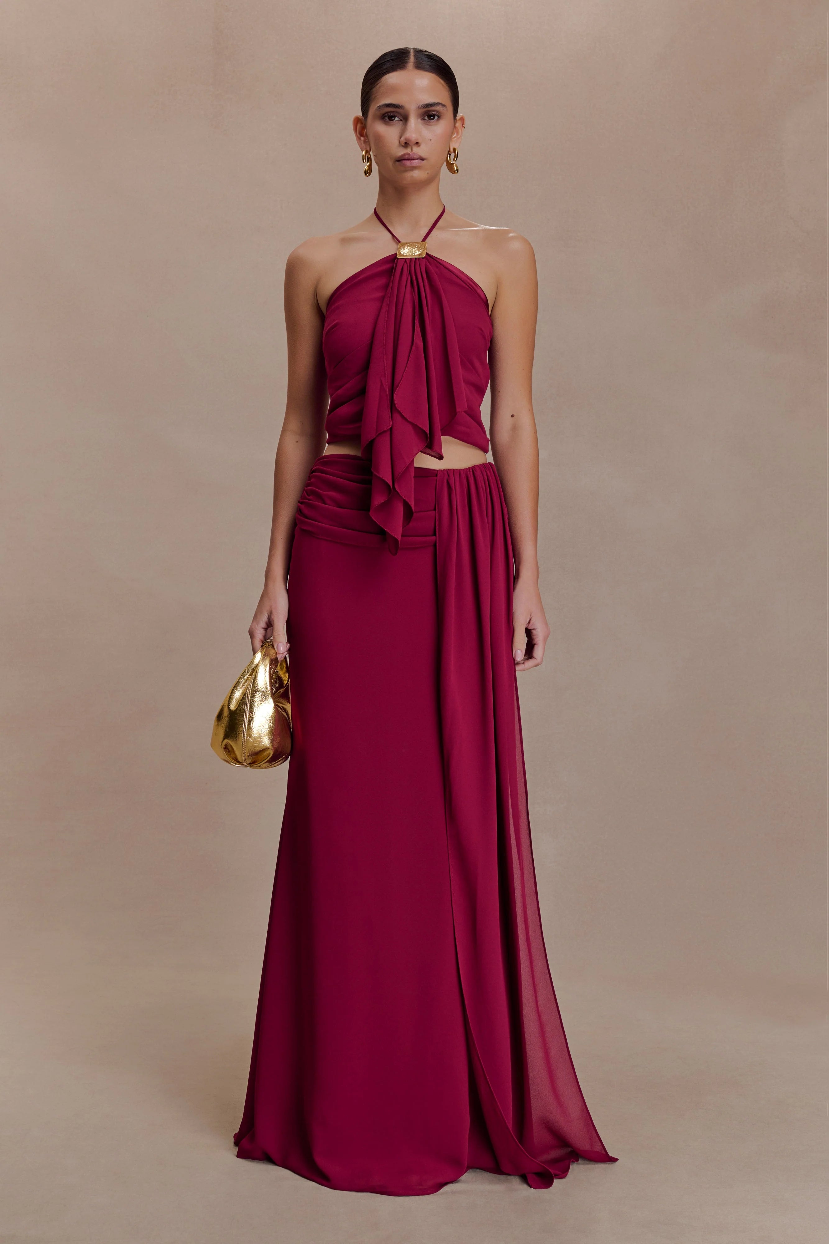 Celina Chiffon Overlay Maxi Skirt Cherry Red