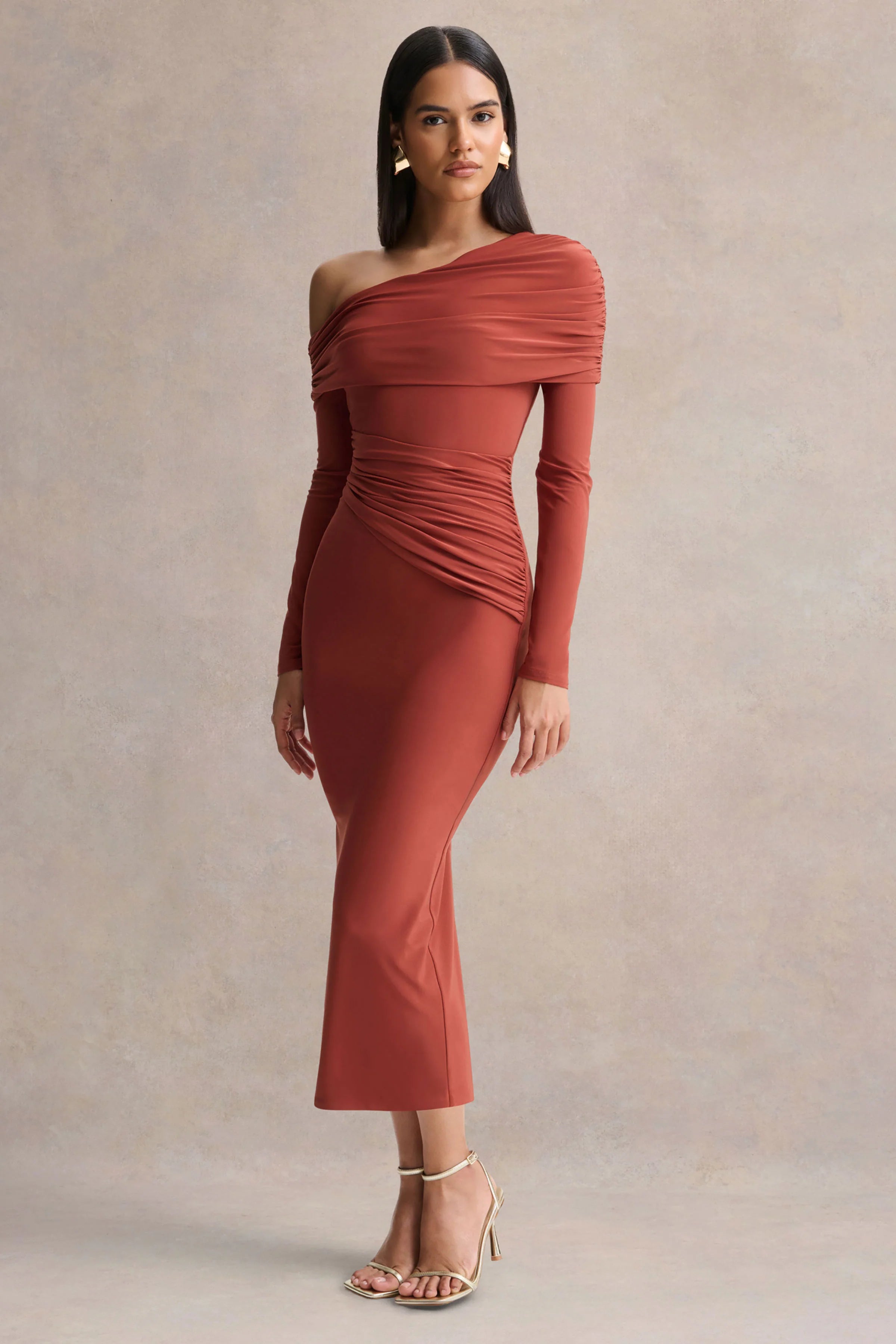 Elliora Rust Asymmetric Neck Midi Dress
