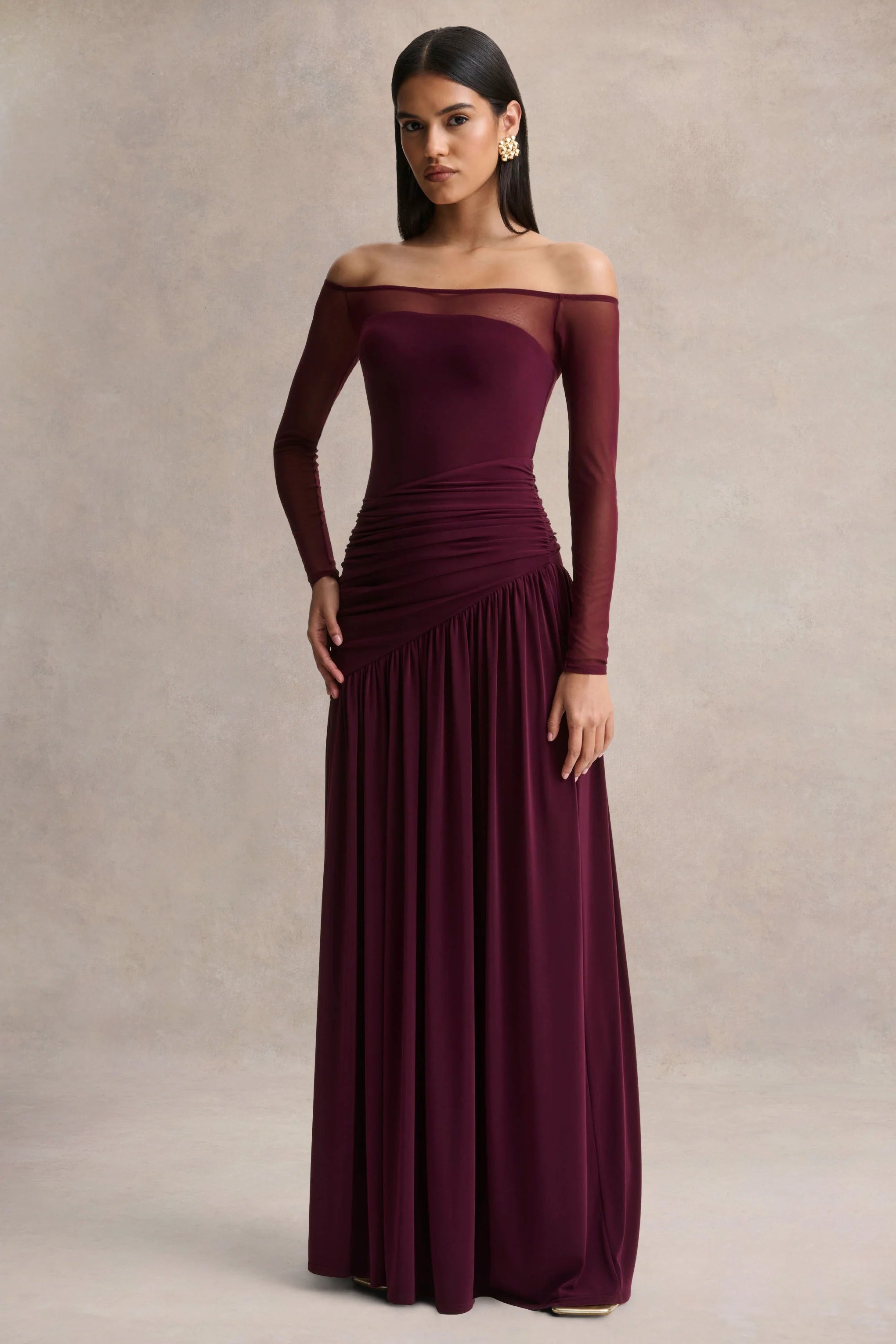 Luminary Dark Plum Bardot Neck Maxi Dress With Mesh Sleeves