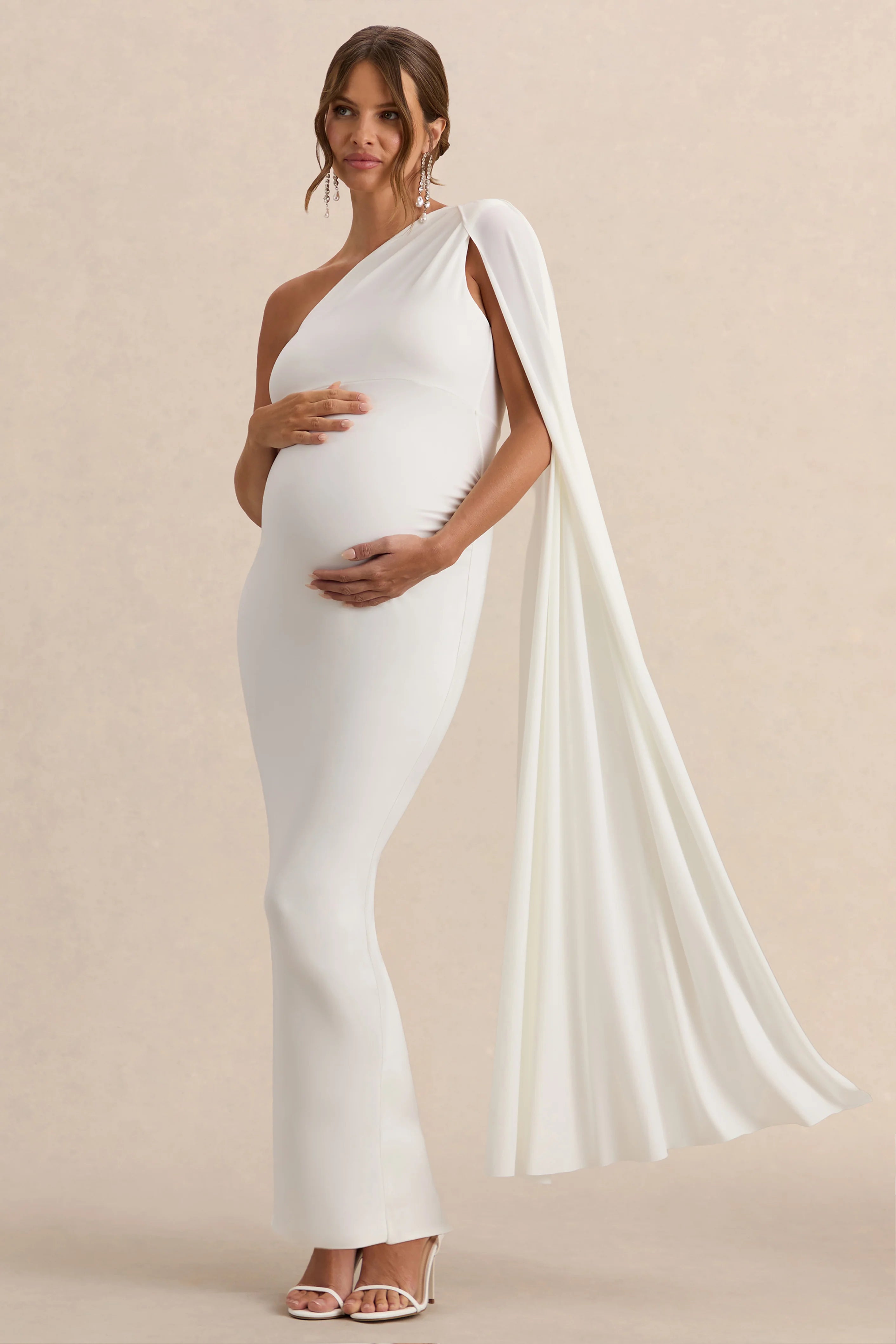 Amaryllis White Maternity One Shoulder Maxi Dress with Cape Sleeve