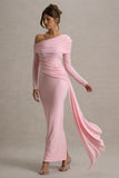Valina Pink Ruched Asymmetric Maxi Dress With Drape