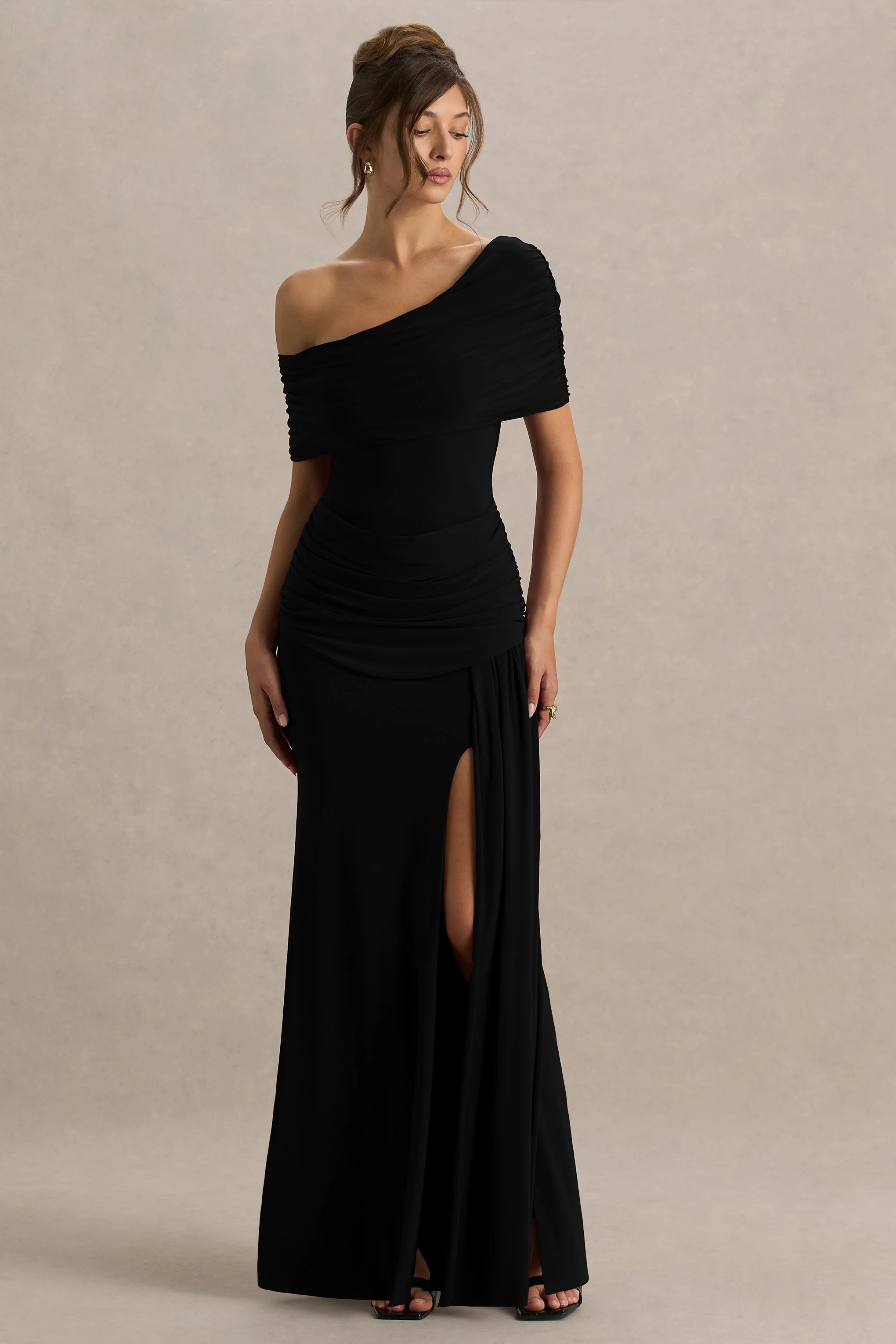 Dynasty Black Asymmetric Neck Maxi Dress With Ruched Detailing And Front High Split