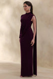 Oliria Dark Plum High Neck Maxi Dress With One Long Sleeve And Sash Detail
