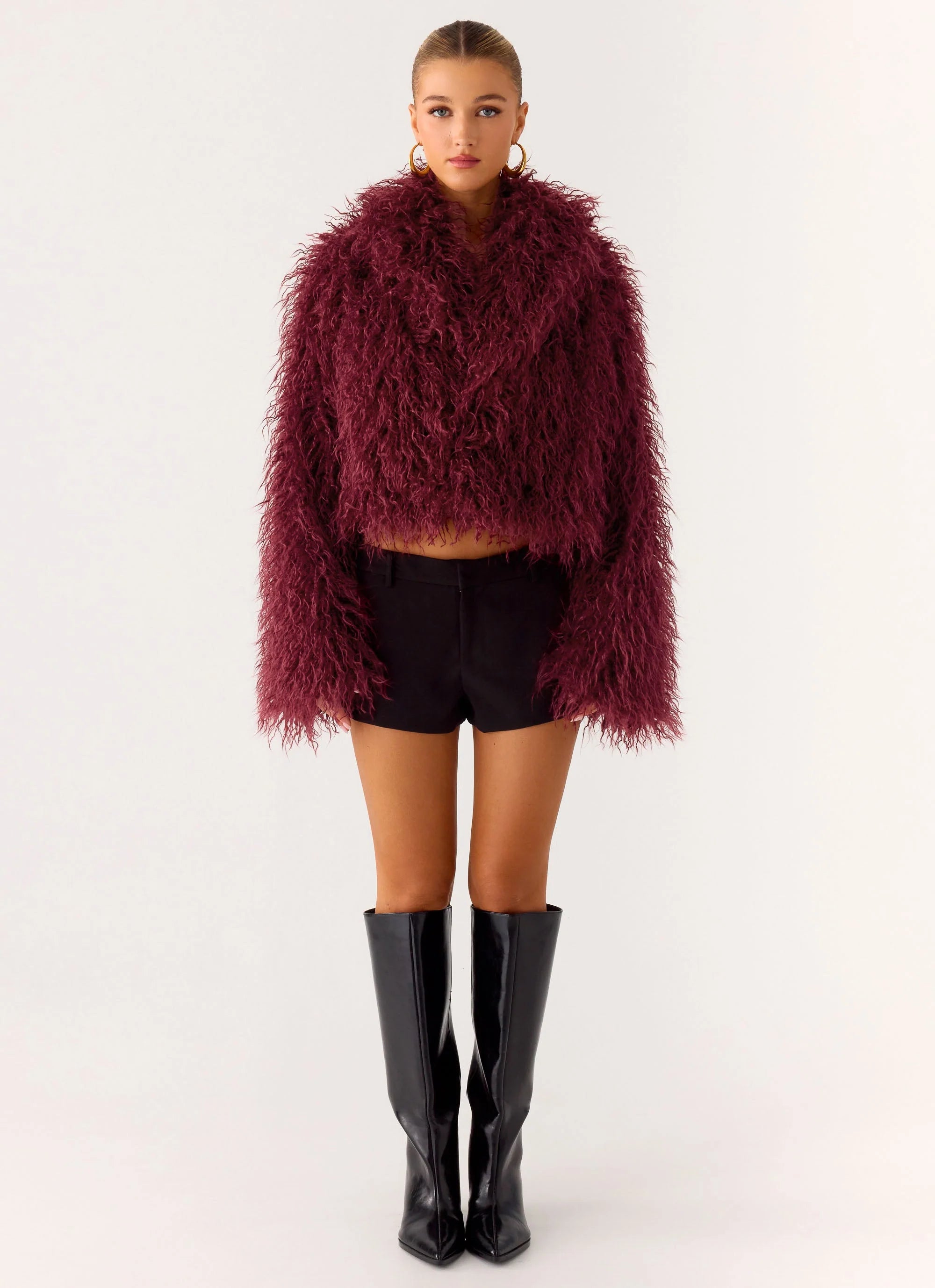 Virginia Cropped Faux Fur Jacket Maroon