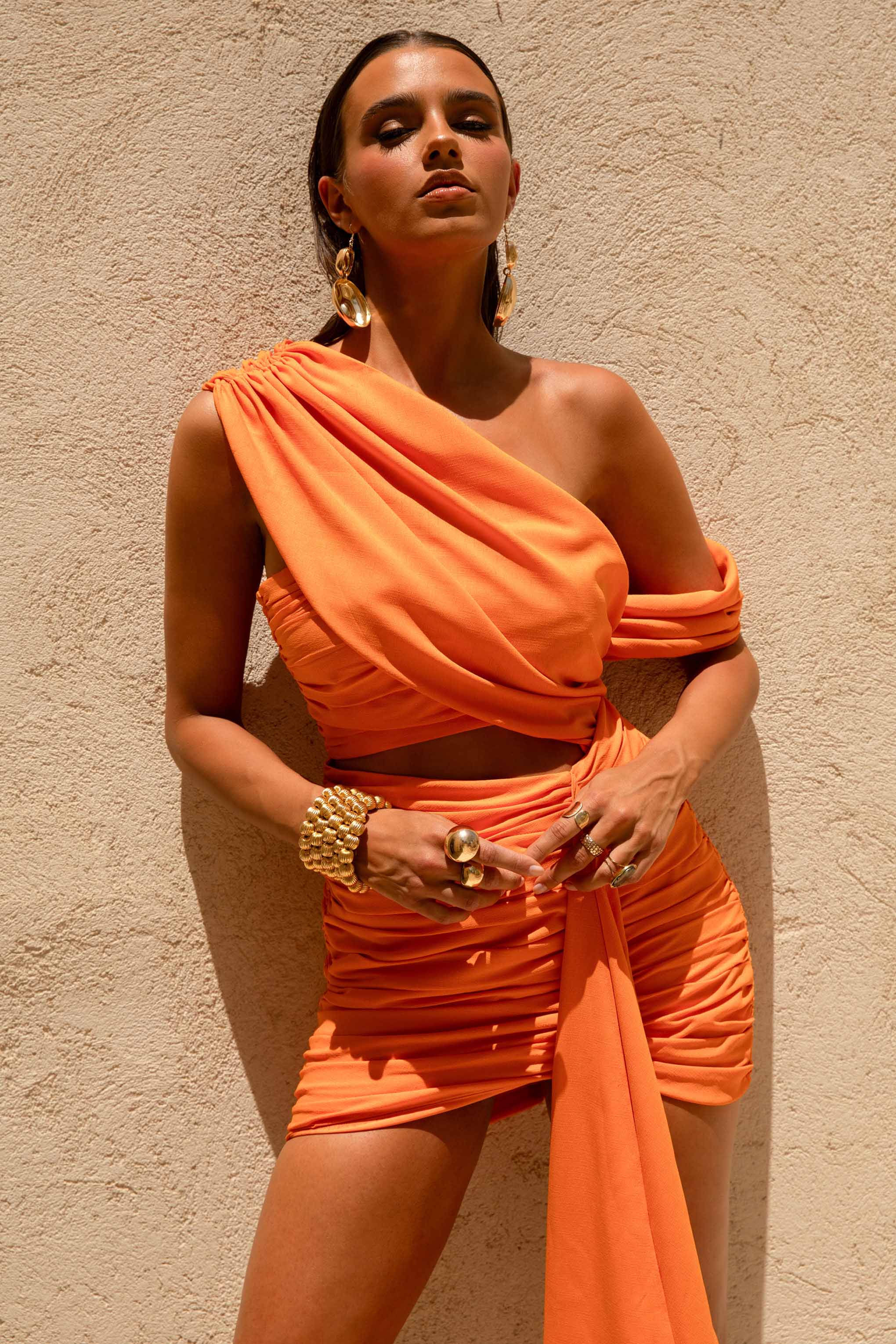 Margo Orange Asymmetric Mini Dress with Cut Out Details
