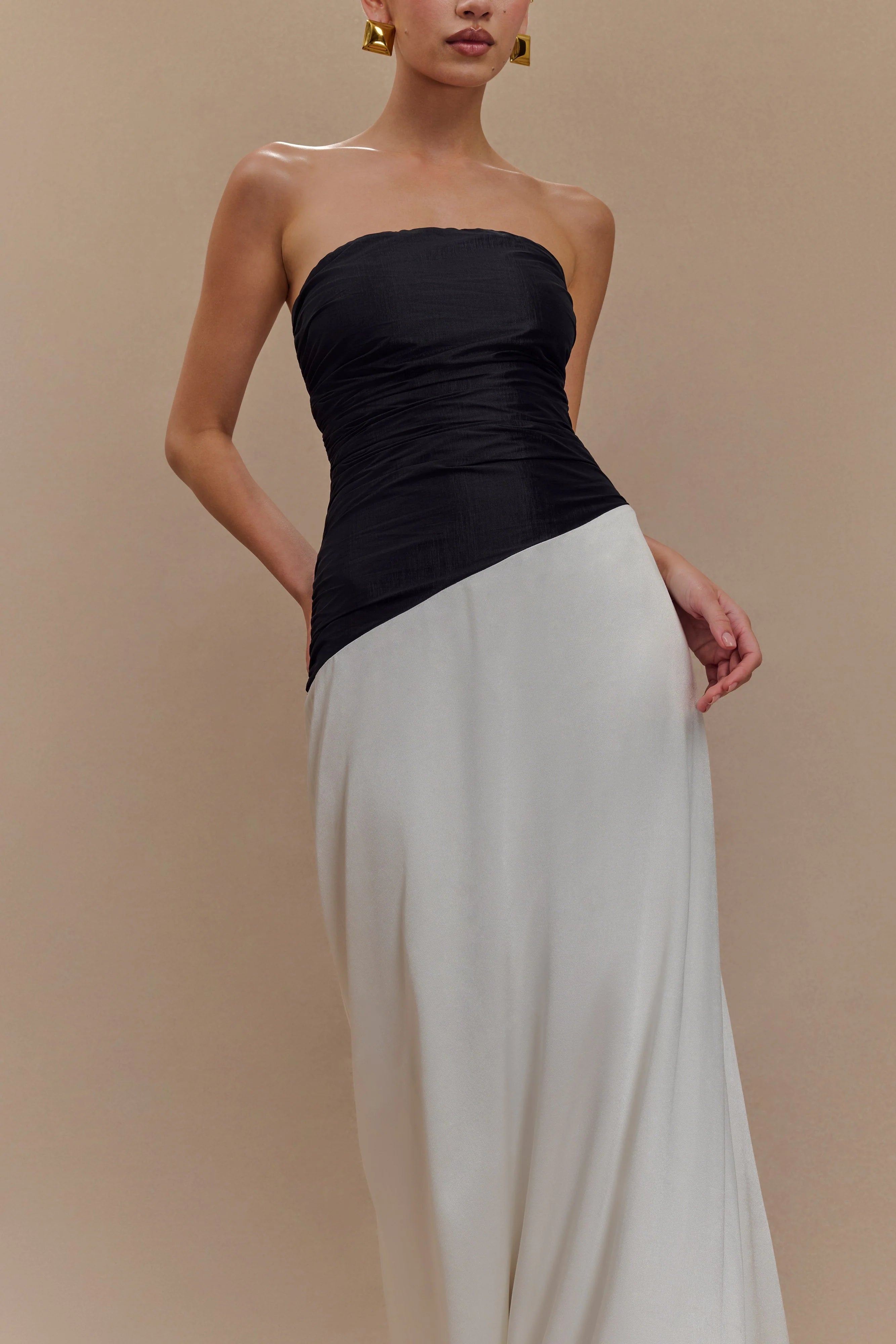 Serena Strapless Taffeta Maxi Dress White Black