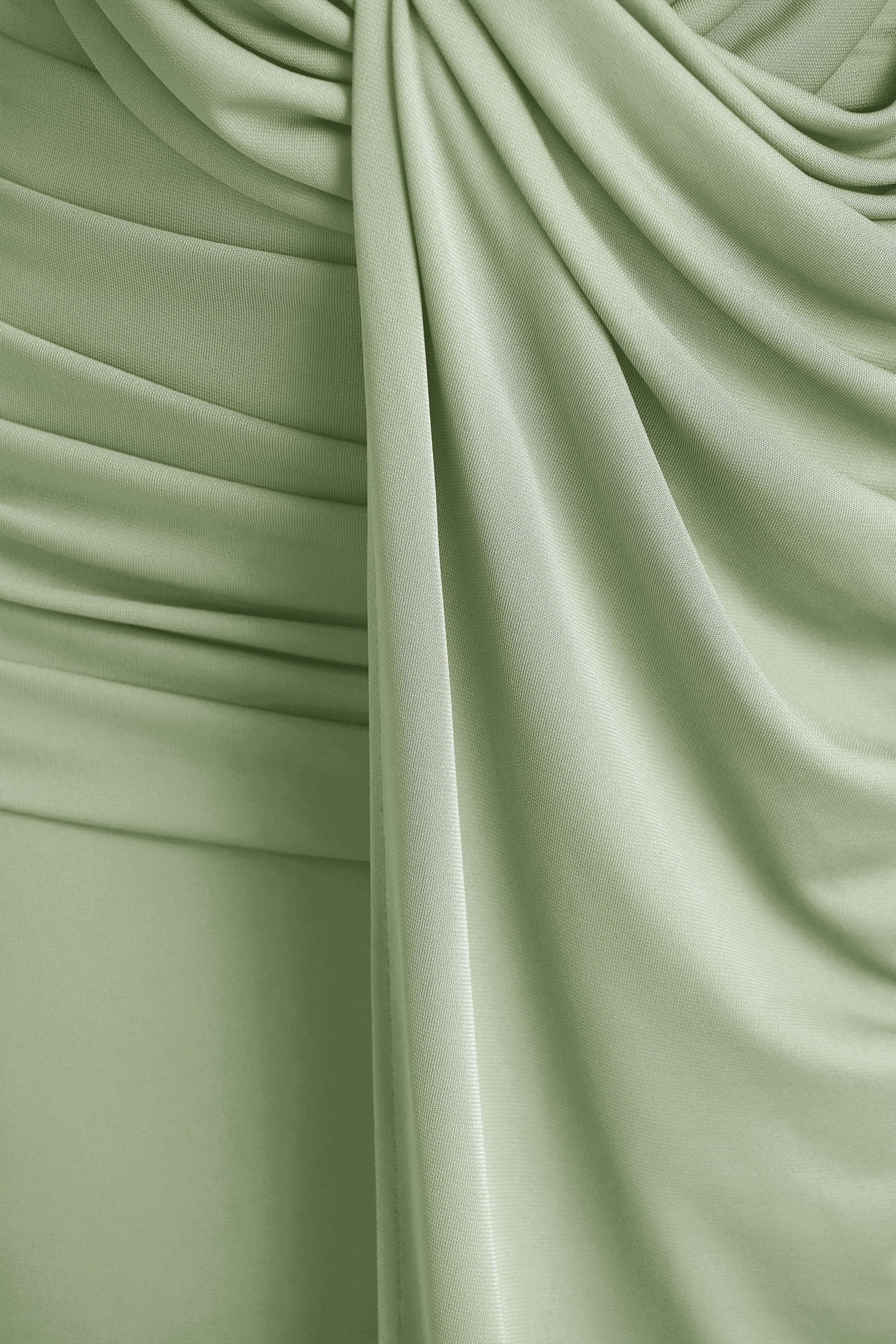 Serafina Light Green Extreme Plunge Neck Maxi Dress With Wrap And Ruched Details