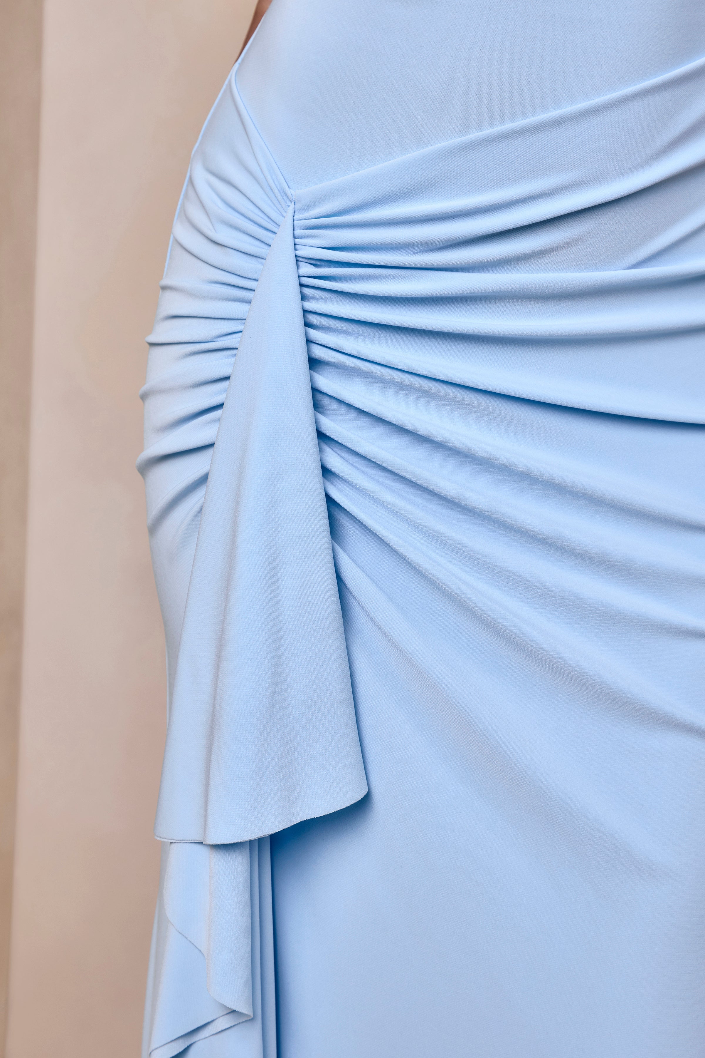 Siora Powder Blue Asymmetric Neck Maxi Dress With Draped Detailing