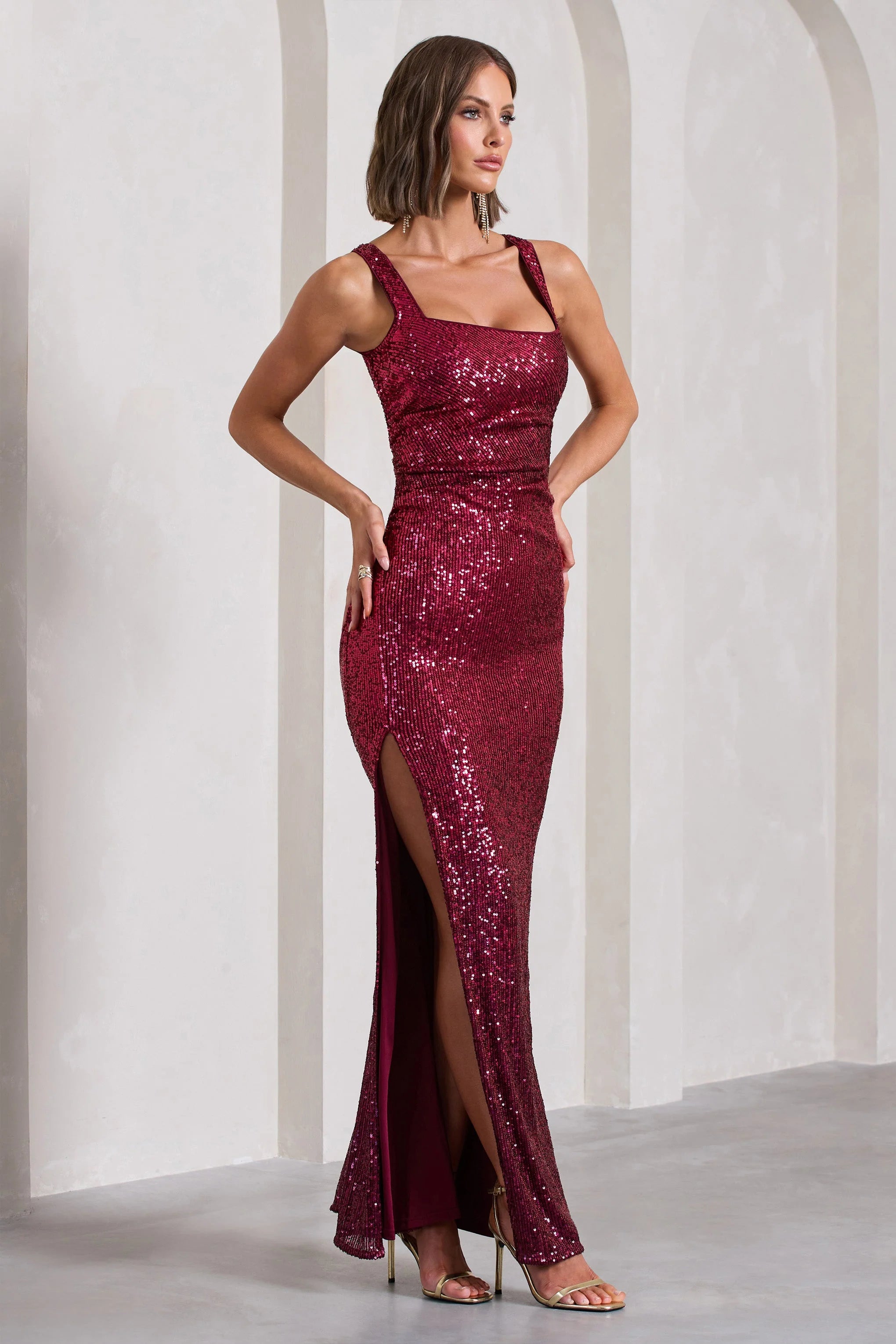 Yvonne Plum Sequin Open Back Bodycon Maxi Dress