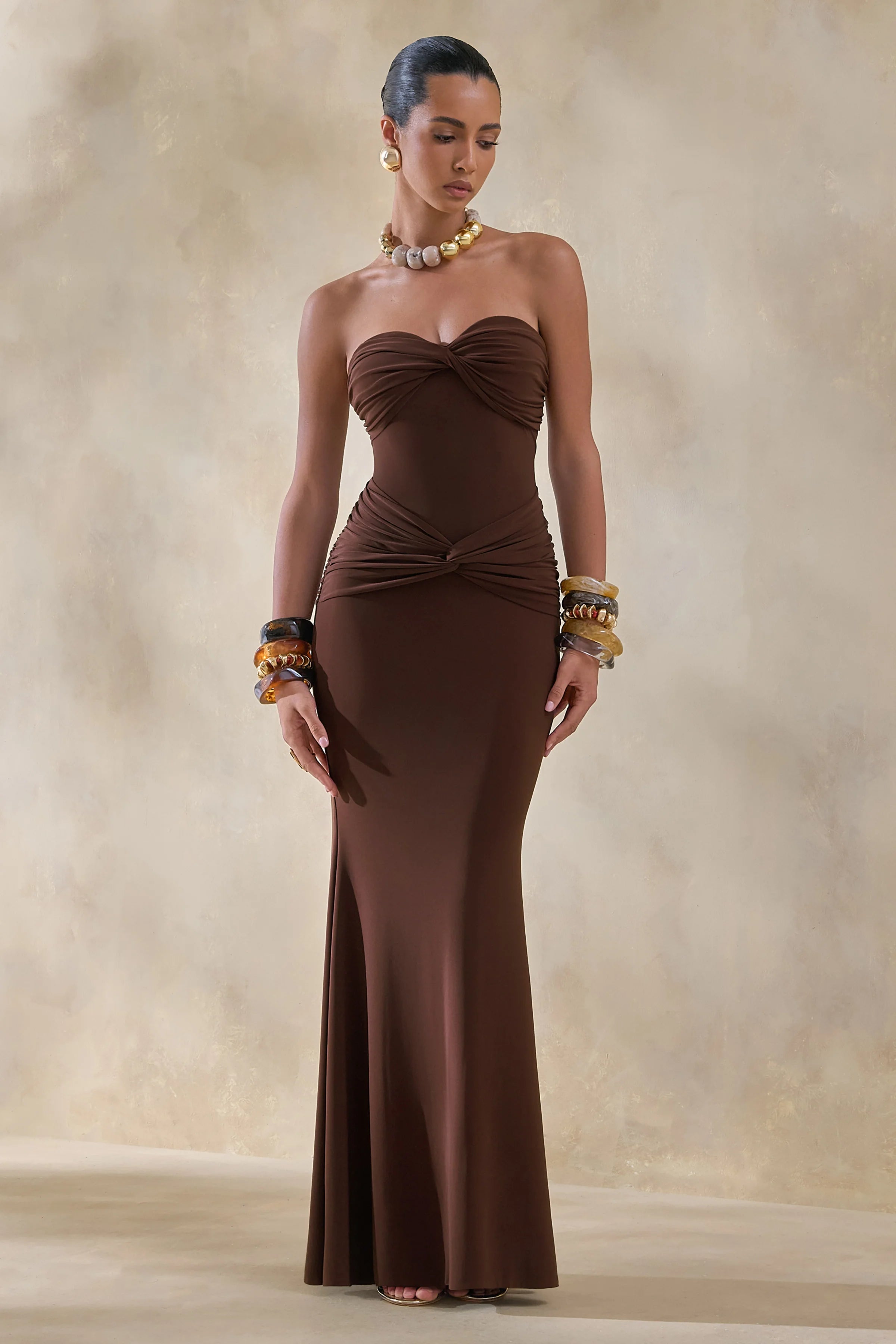Elodia Brown Bandeau Maxi Dress With Gathered Detailing