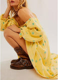 Women Floral Embroidered Maxi Dress Long Puff Sleeve Square Neck Bohemian Flowy Dress with Pockets Summer Fall
