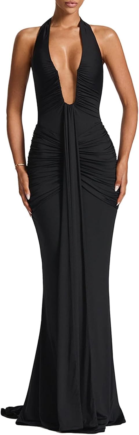Women Deep V Neck Ruched Maxi Dress Sleeveless Halter Gown Cocktail Evening Formal Dresses