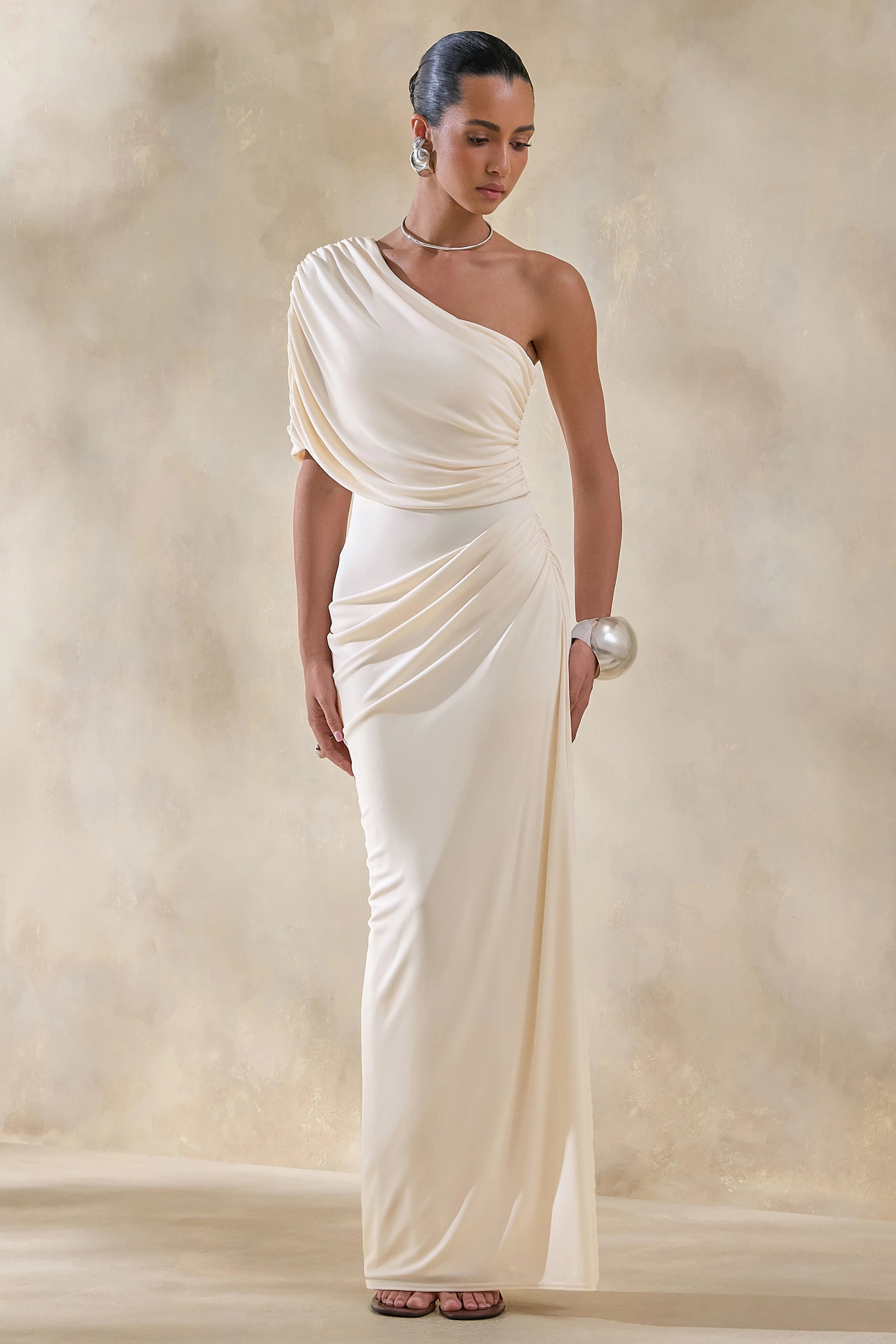 Iberia Cream Asymmetric Neck Maxi Dress With Draped Detail