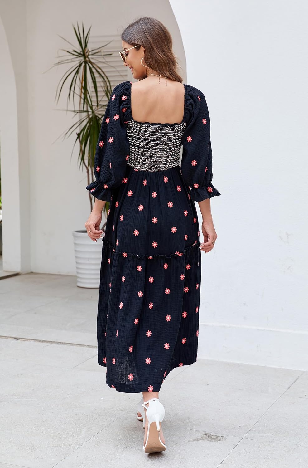 Women Floral Embroidered Maxi Dress Long Puff Sleeve Square Neck Bohemian Flowy Dress with Pockets Summer Fall