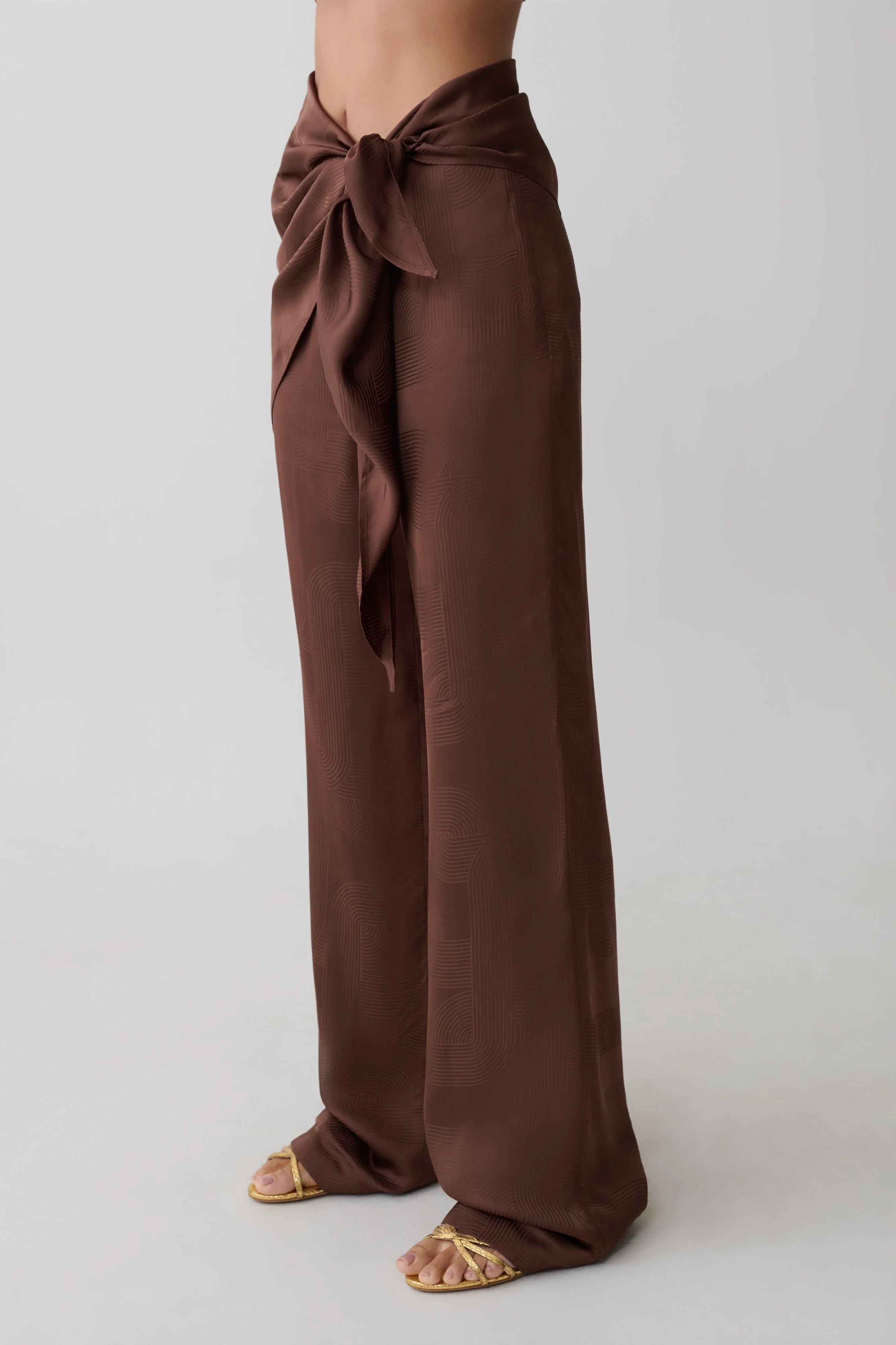Gia Wrapped Tie Satin Pants Chocolate