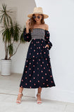 Women Floral Embroidered Maxi Dress Long Puff Sleeve Square Neck Bohemian Flowy Dress with Pockets Summer Fall