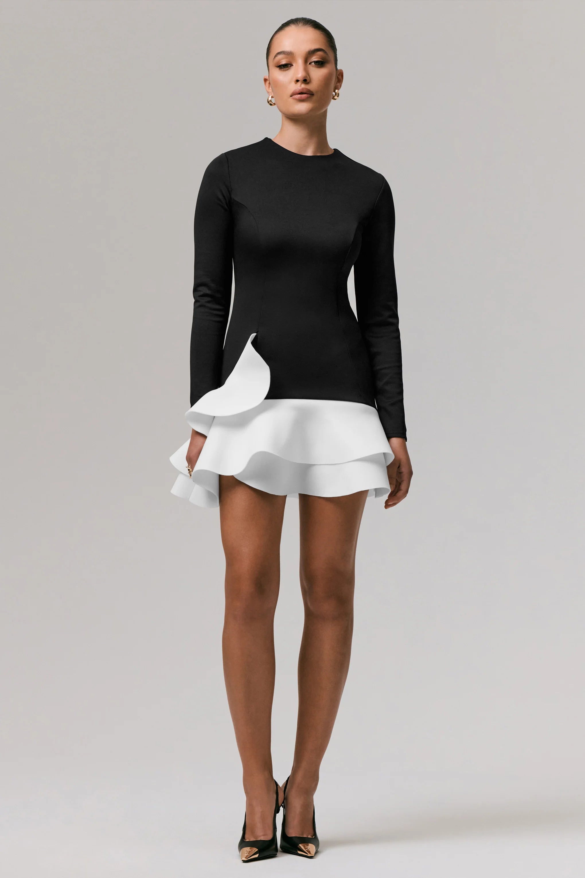 Lucinda Black White Long Sleeve Mini Dress With Ruffle Hem