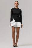 Lucinda Black White Long Sleeve Mini Dress With Ruffle Hem