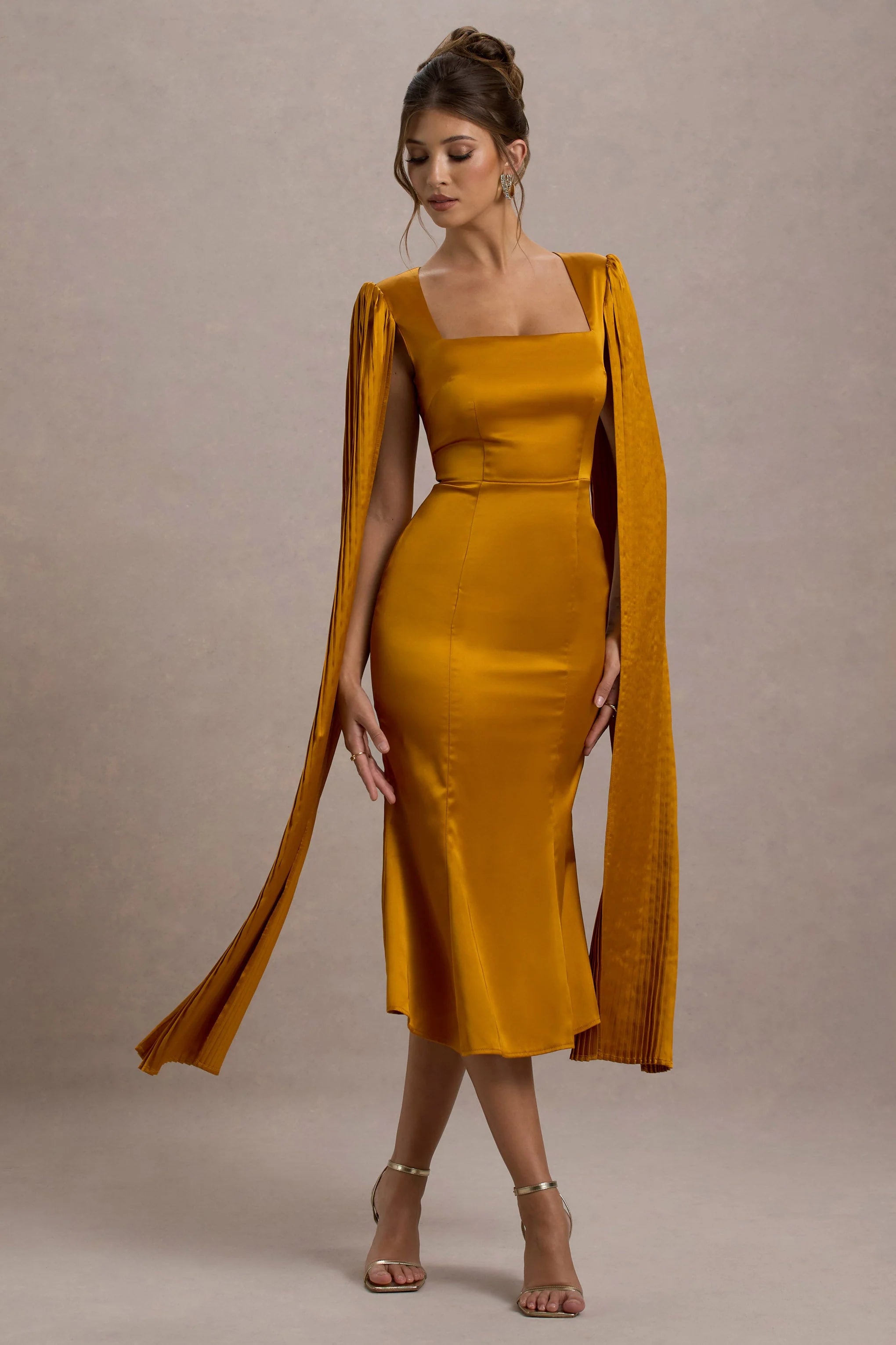 Nalda Mustard Square Neck Midi Dress With Cape Sleeves
