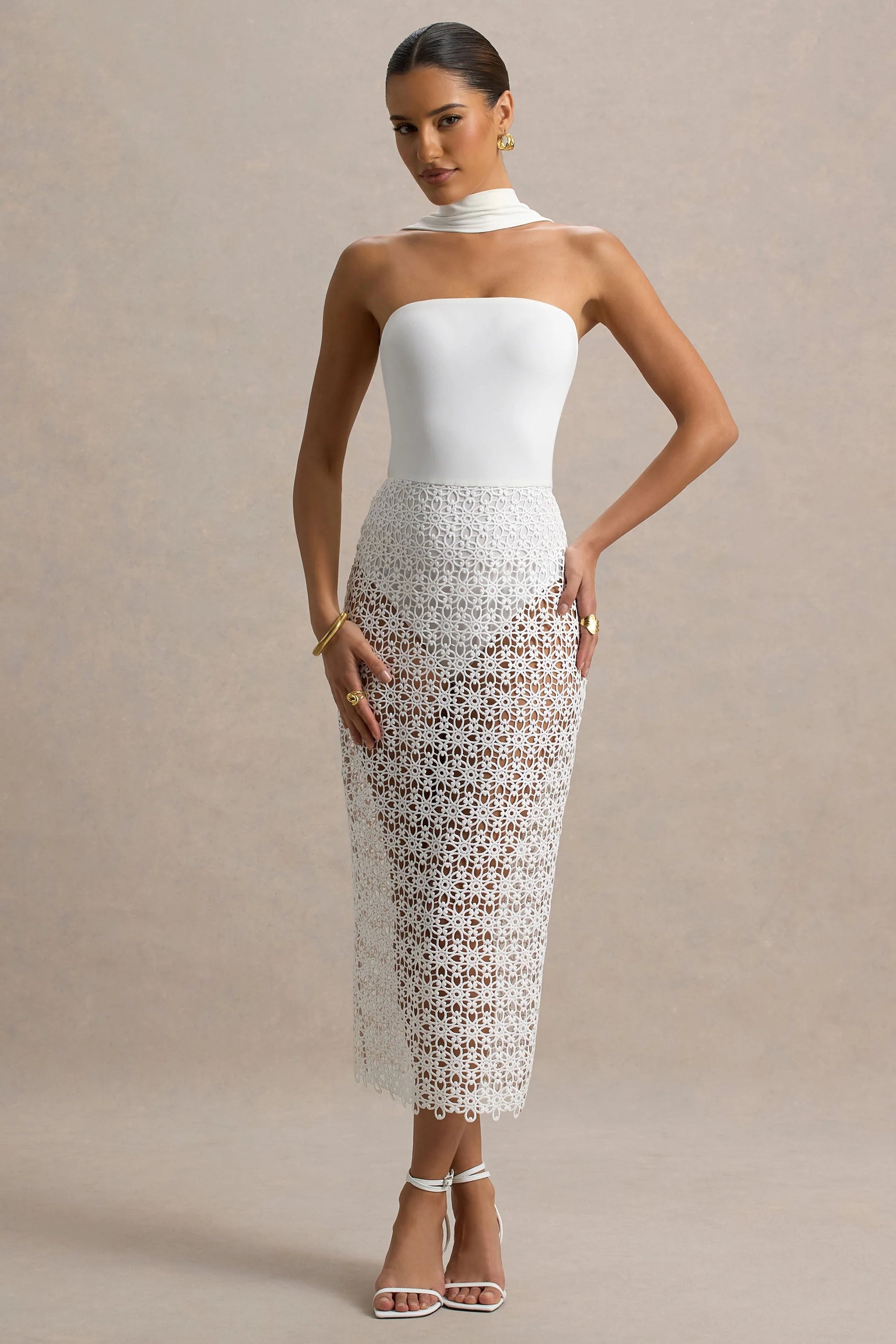 Tamala White High Neck Midi Dress With Lace Skirt