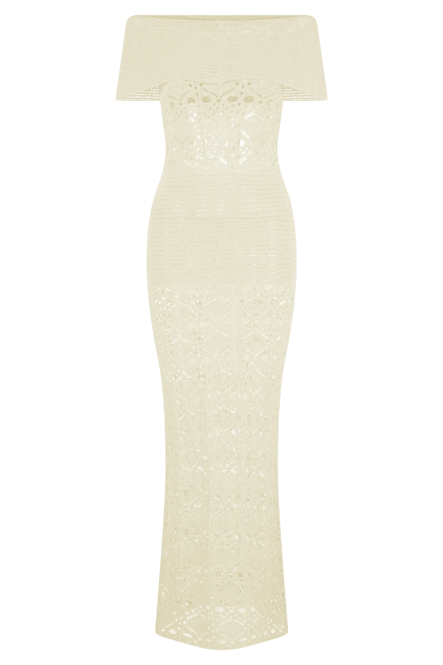 Solstice Off Shoulder Crochet Knit Maxi Dress Ivory