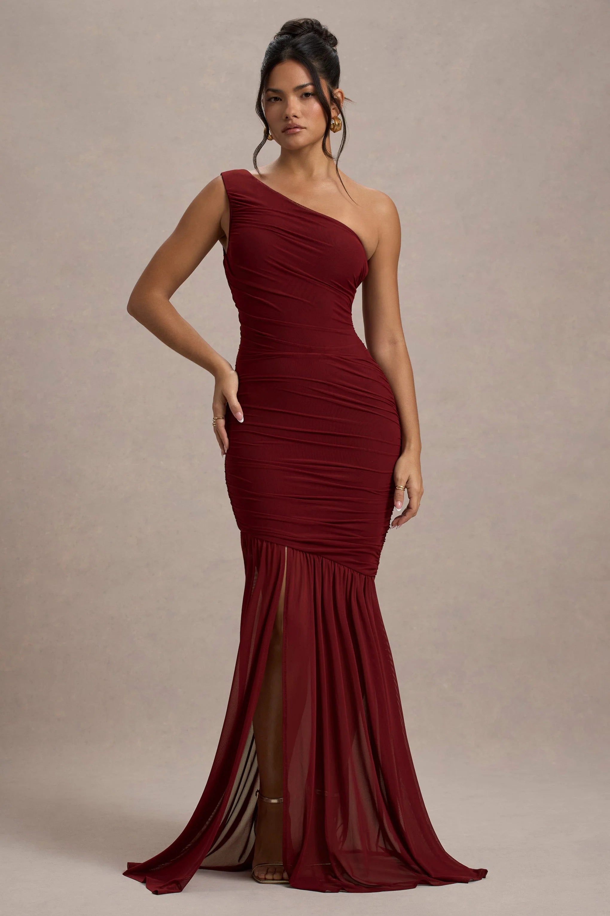 Bastia Burgundy Ruched Mesh Asymmetric Maxi Dress