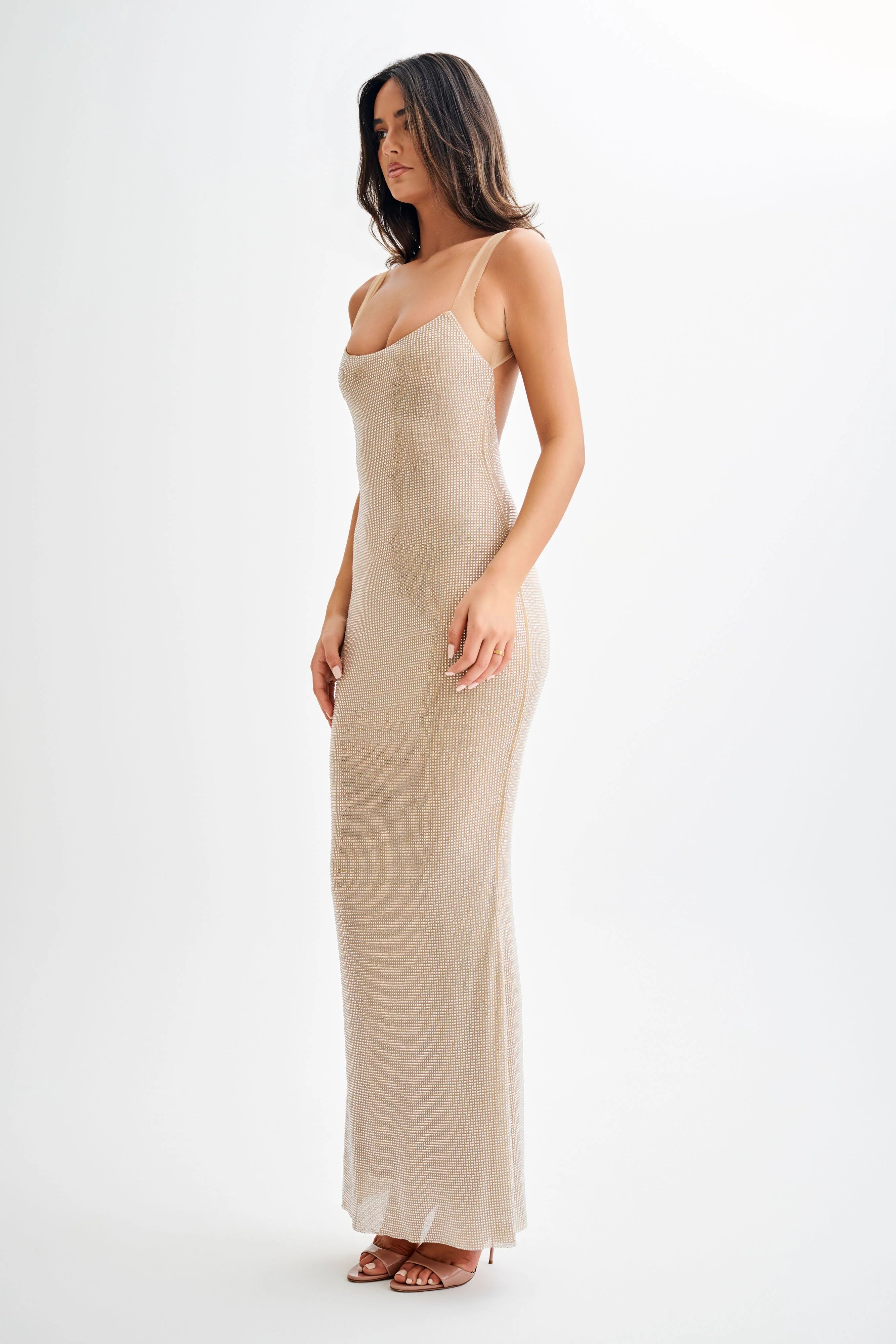 Jasmyn Hot Fix Maxi Dress With Mesh Back Nude