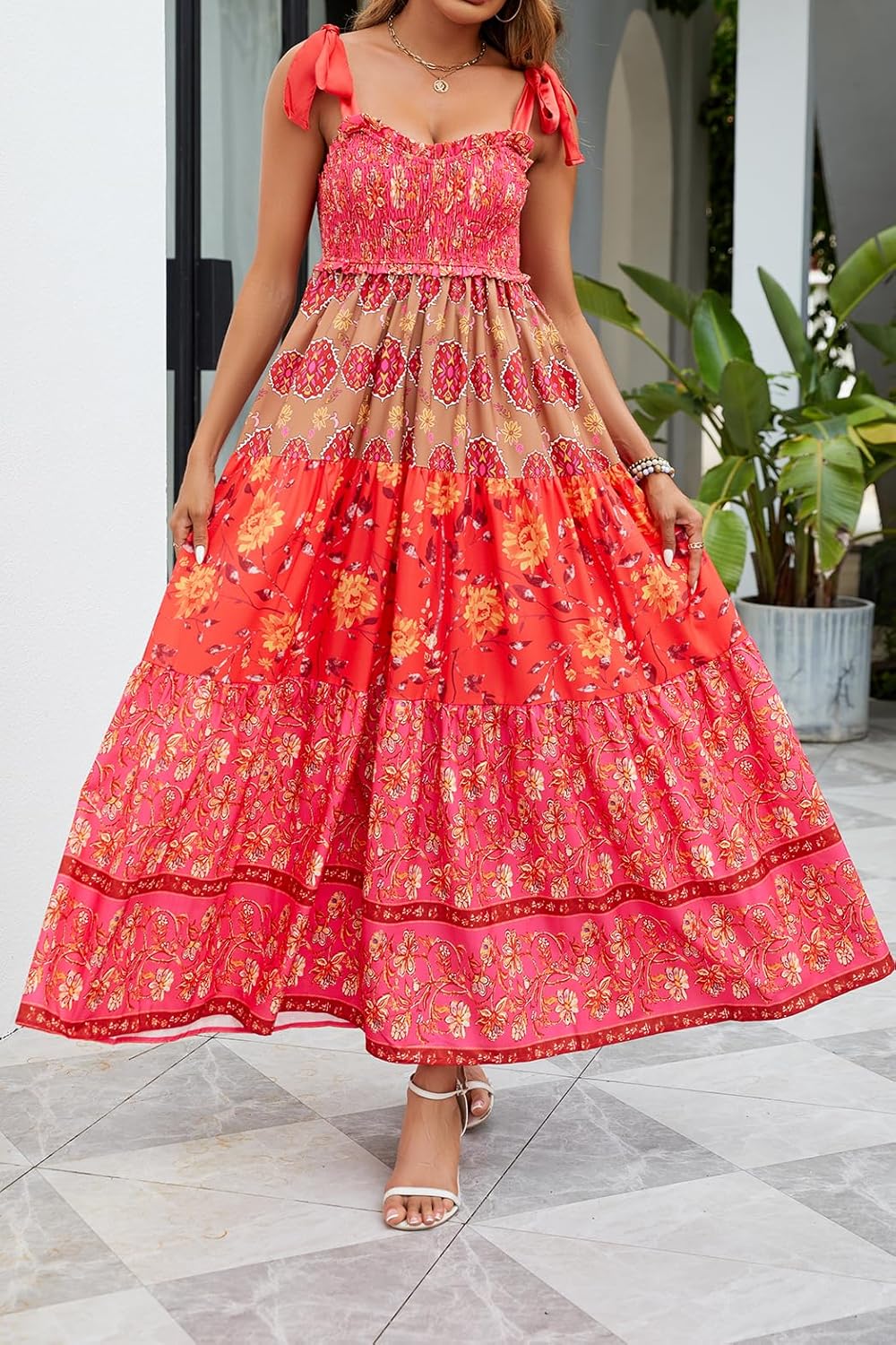Women Floral Maxi Dress Tie Shoulder Patchwork Smocked Flowy Boho Dress with Pockets Summer Vacation Sundress