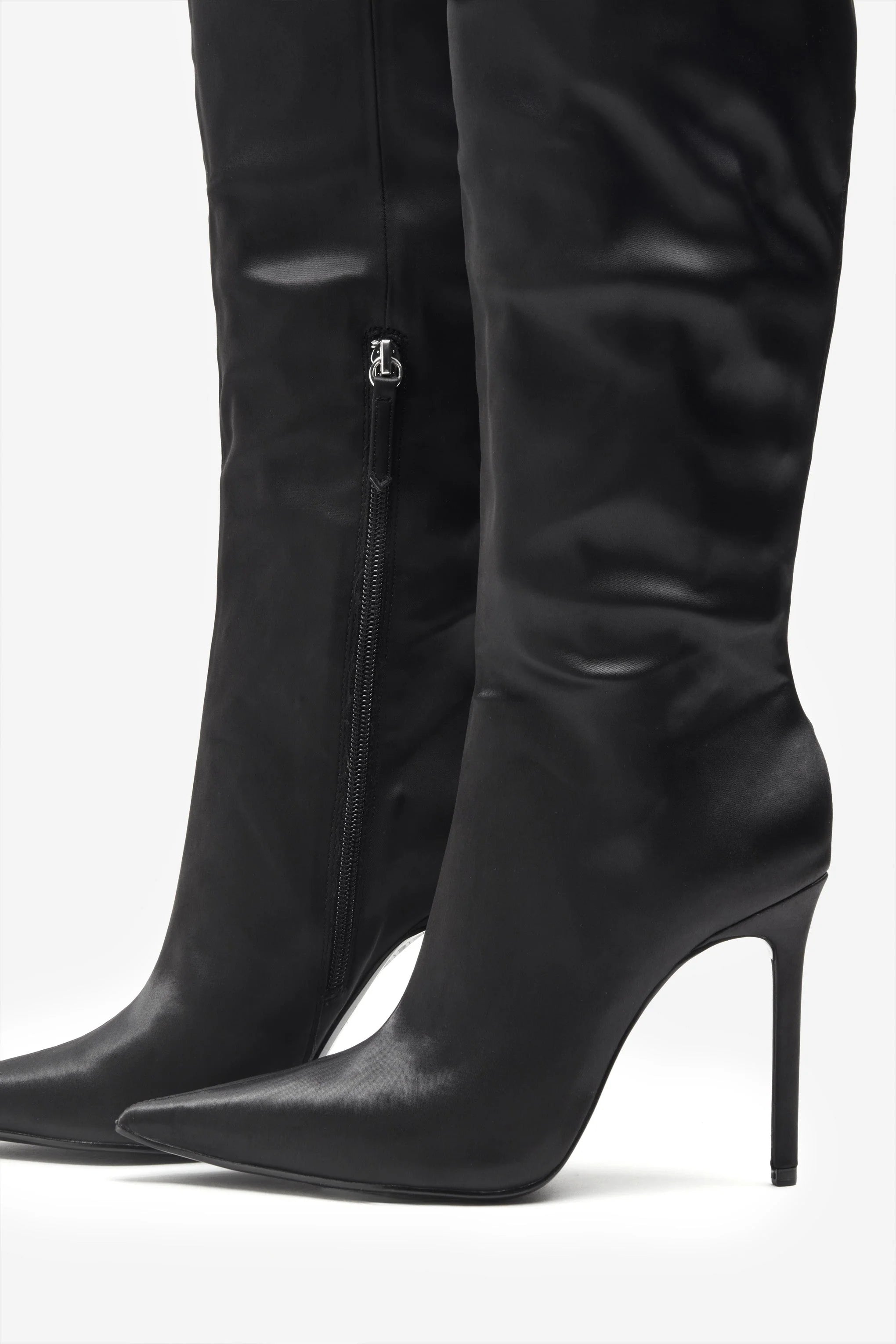 Soho Black Satin Pointed Heeled Boots With Feather Trims