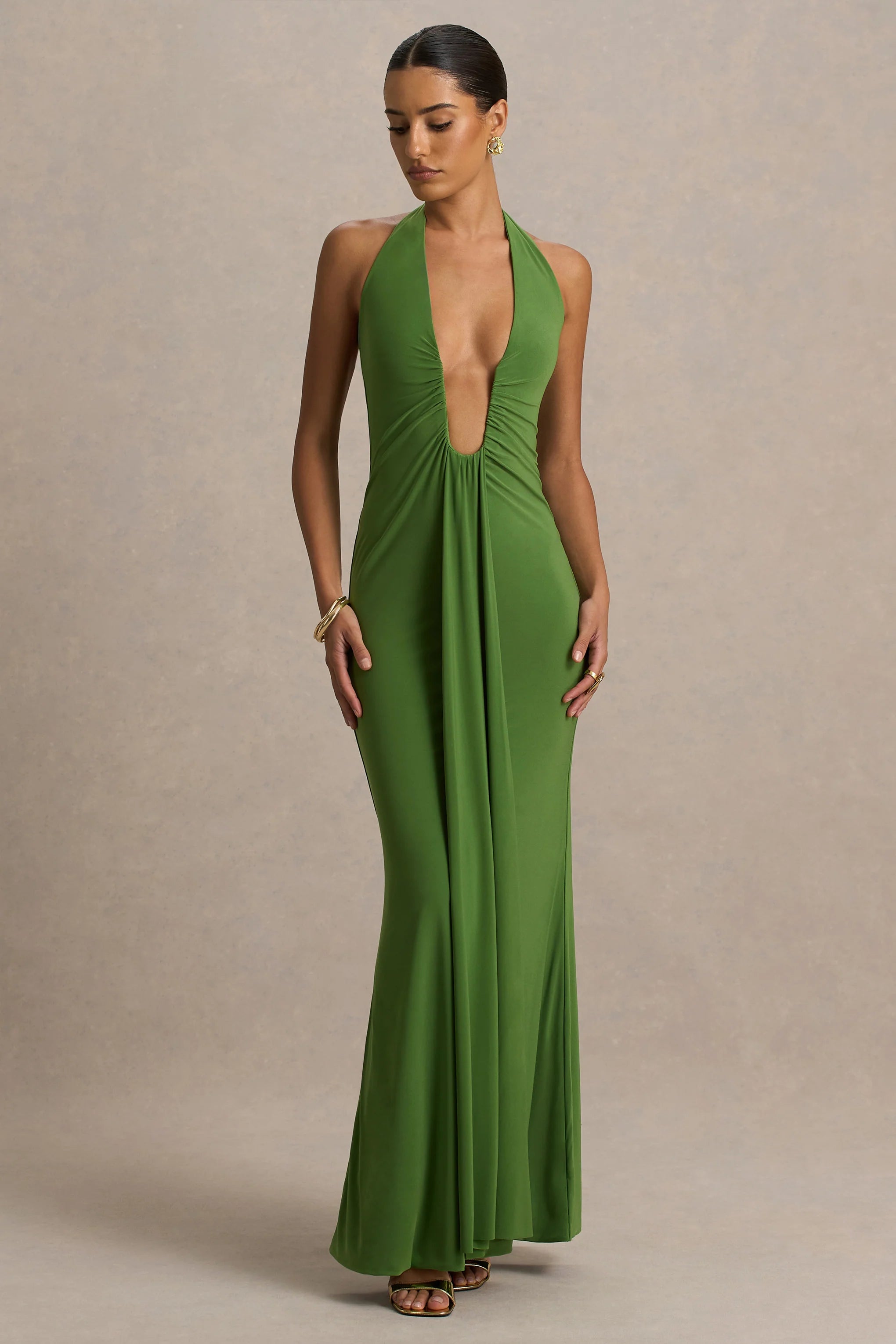 Hera Green Extreme Plunge Maxi Dress With Ruched Detail