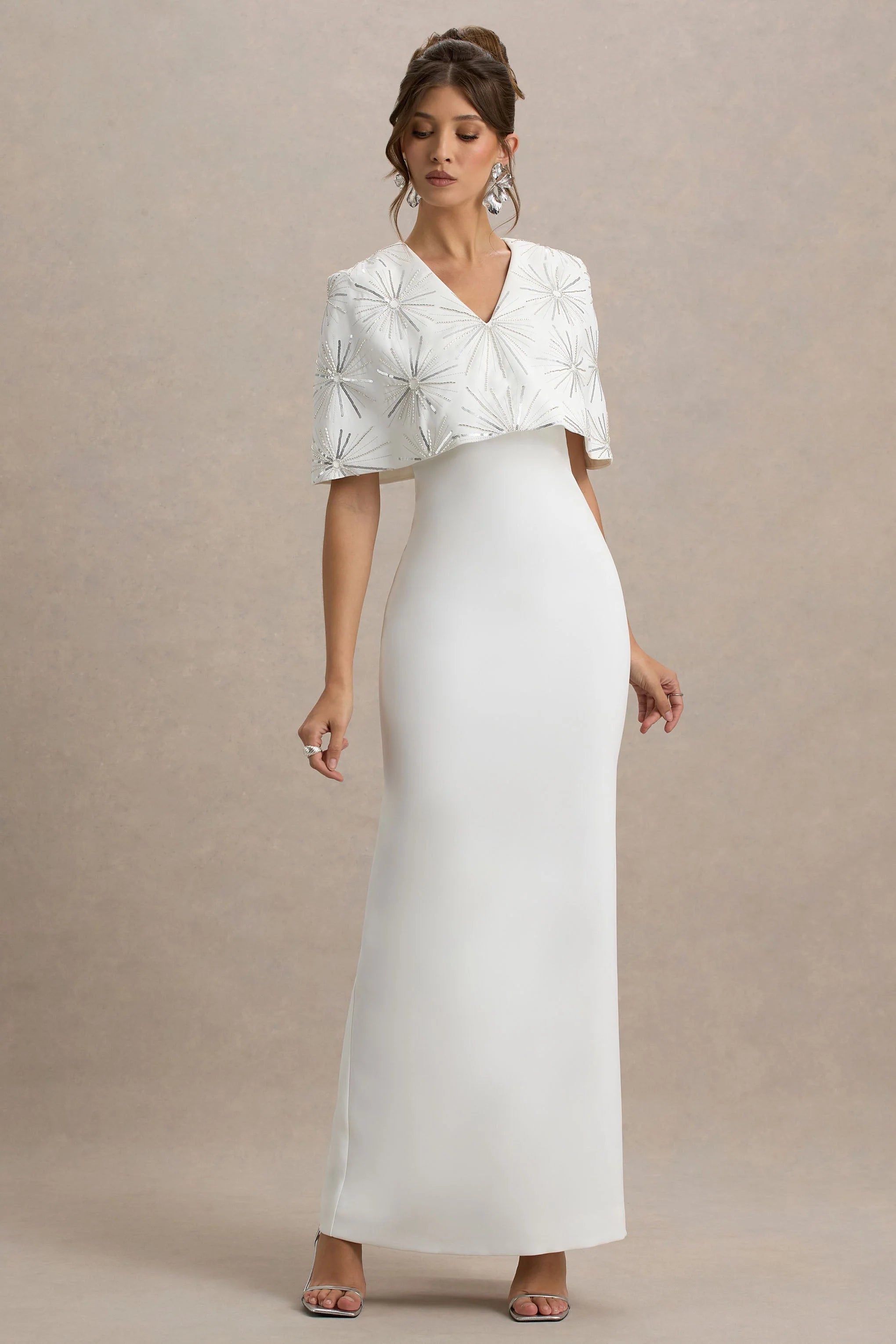 Agnella White Embellished V Neck Maxi Dress