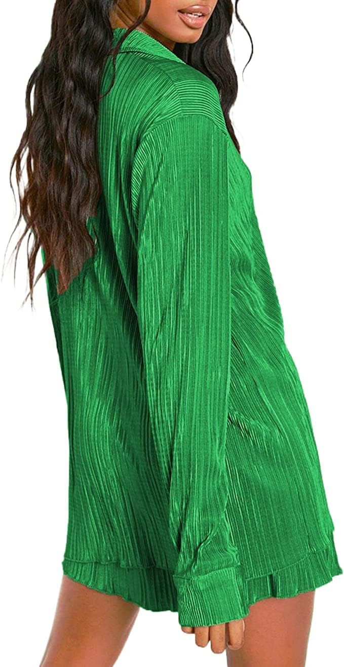 Pleated 2 Piece Outfits for Women Long Sleeve Oversized Button Down Shirt Wide Leg Pants Sets Casual Loungewear