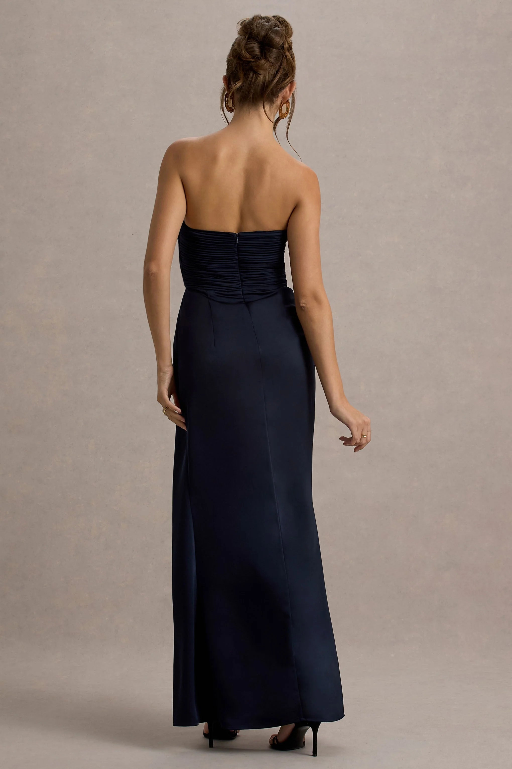 Edel Navy Satin Strapless Maxi Dress With Drape