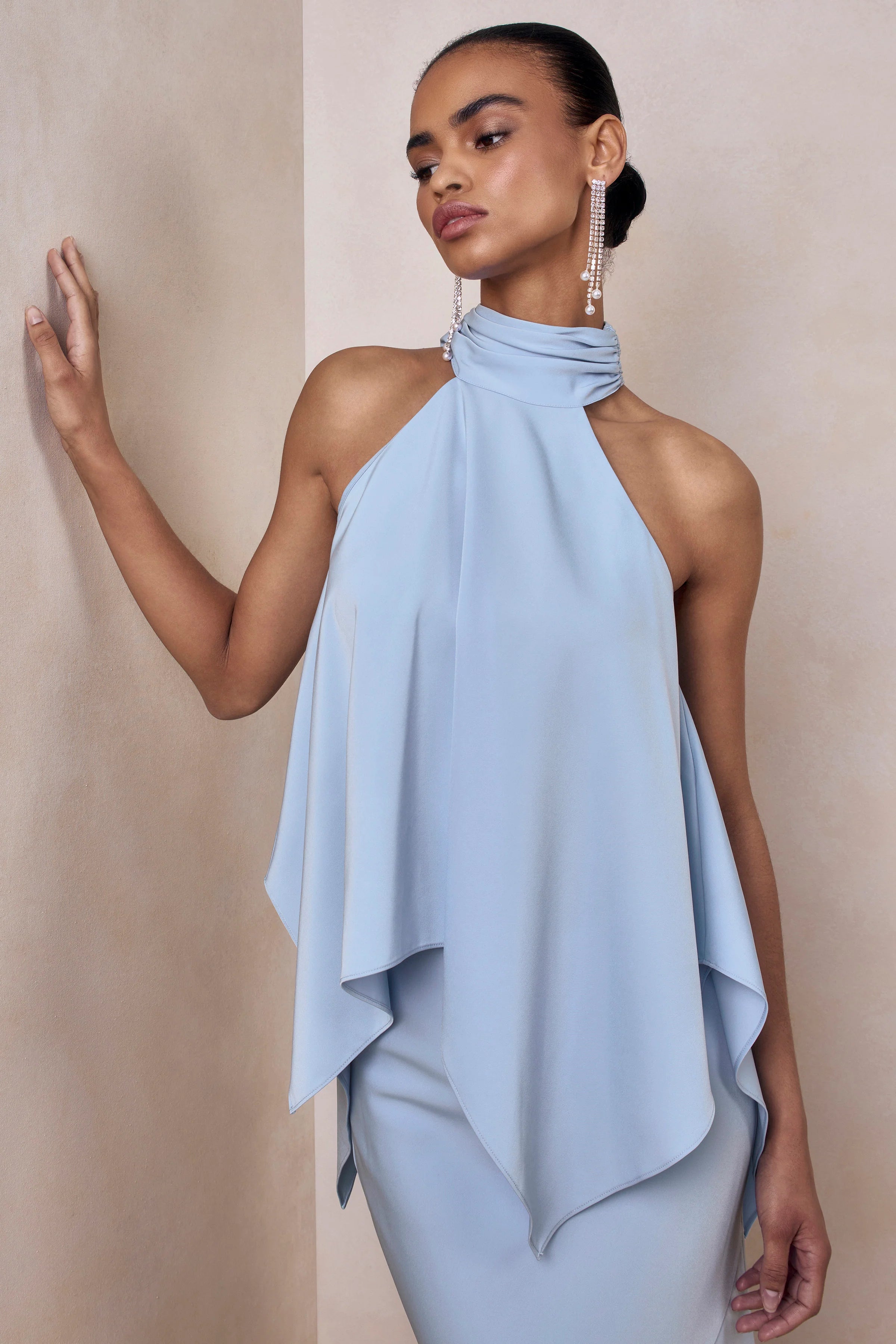 Sancelle Powder Blue Matte Satin Halter Neck Top