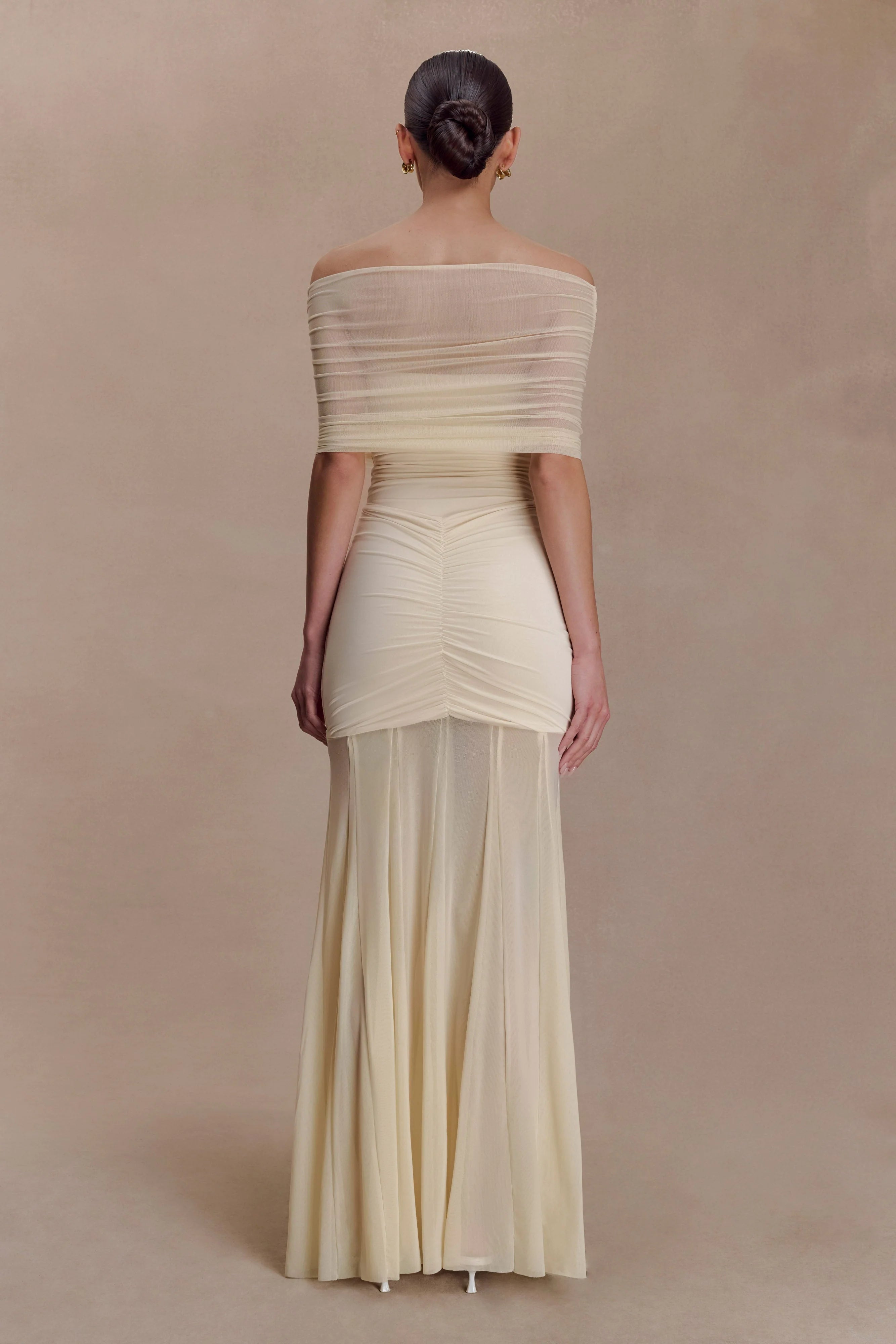 Caspian Slinky And Mesh Off Shoulder Maxi Dress Ivory