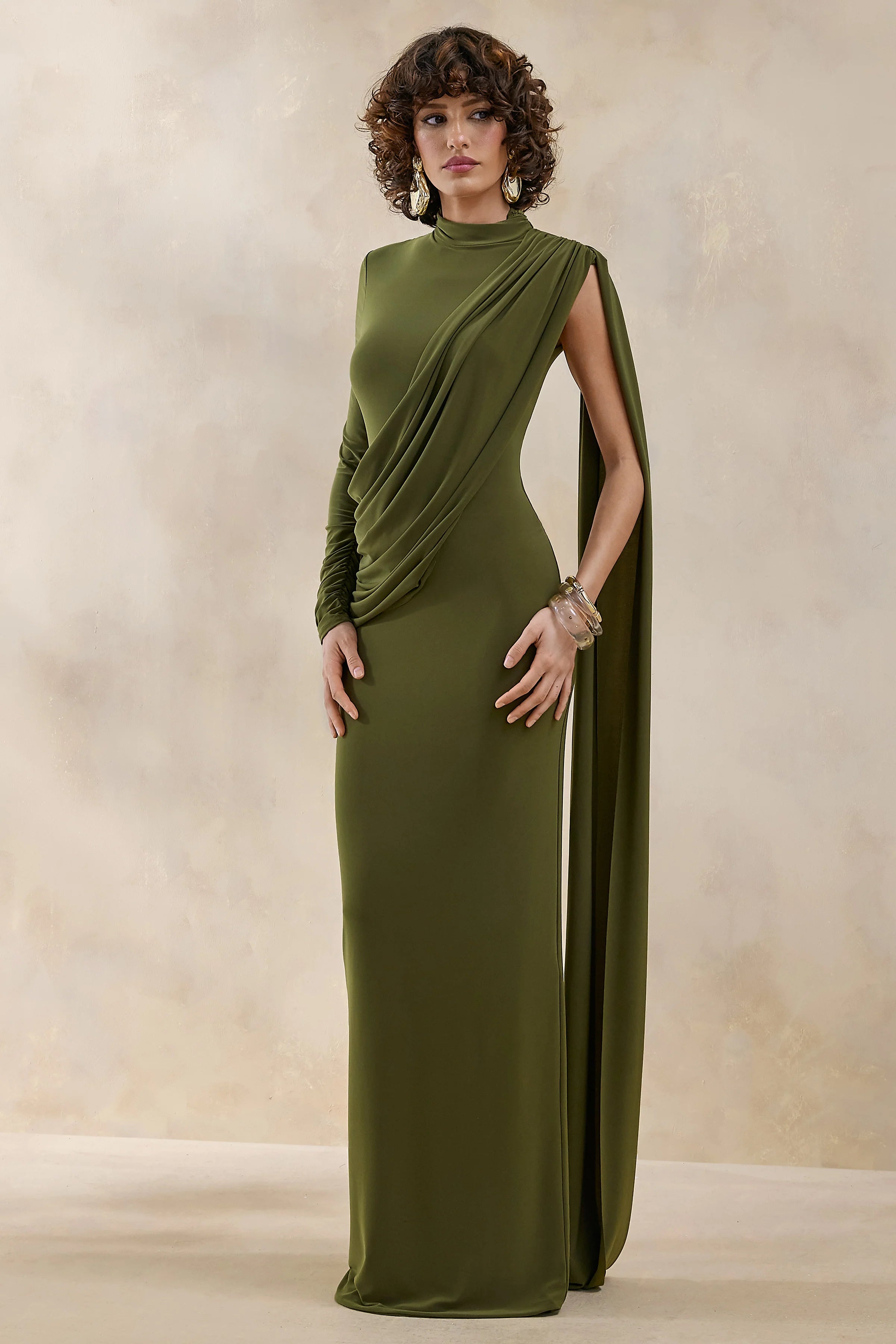 Oliria Olive High Neck Maxi Dress With One Long Sleeve And Sash Detail