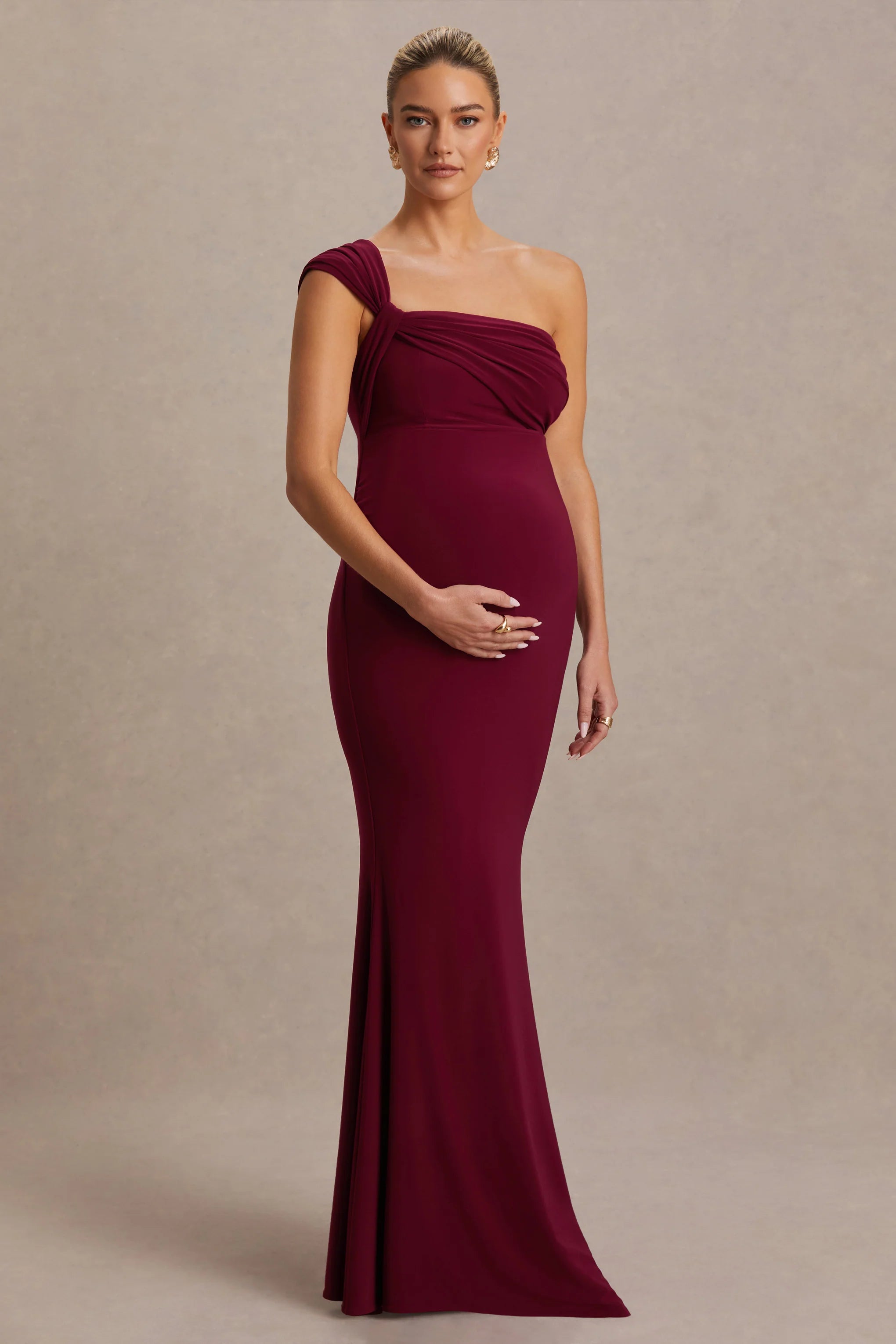 Mila Burgundy Asymmetric Neck Maternity Maxi Dress