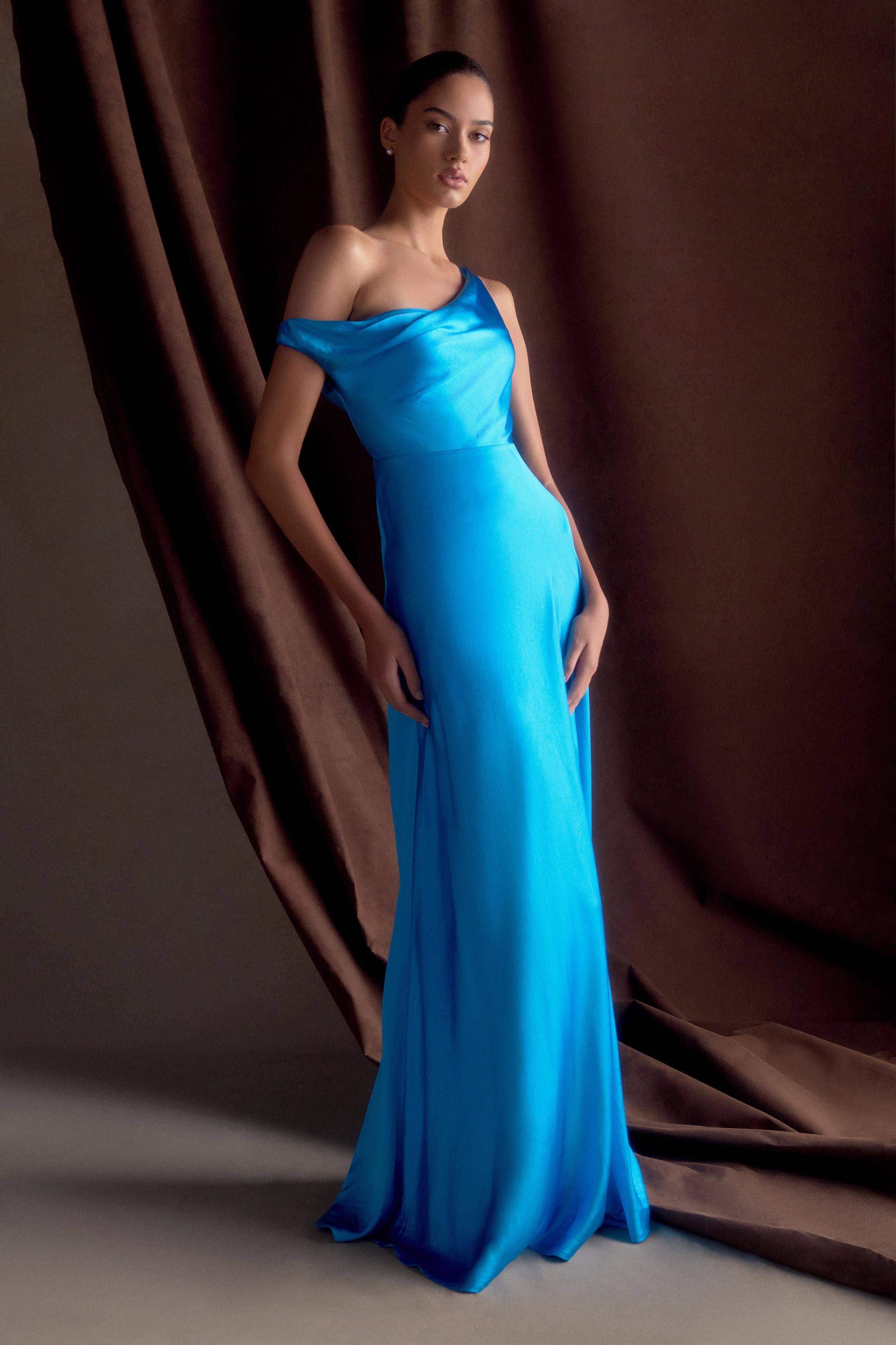 Jacinta One Shoulder Maxi Dress Cyan Blue