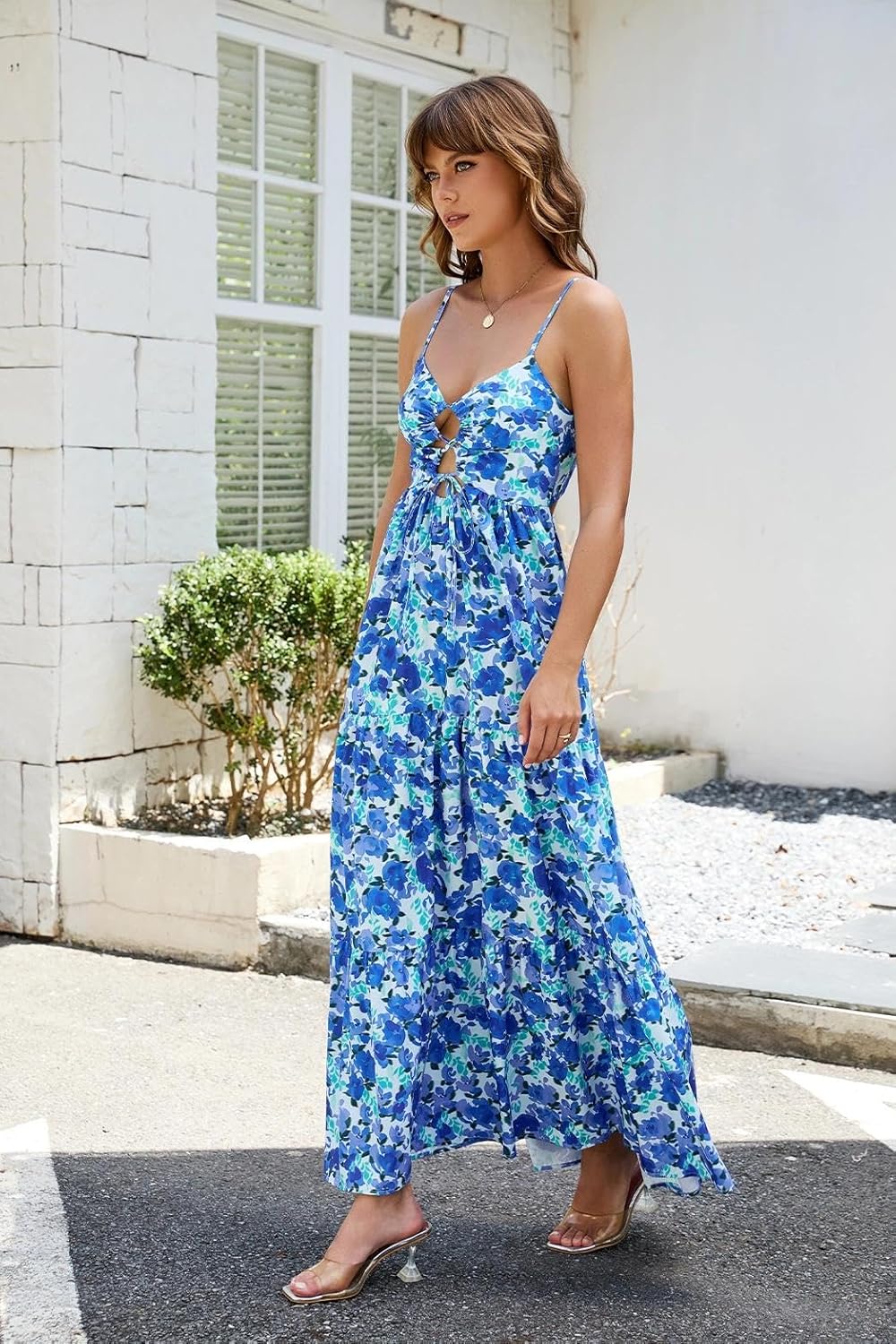 Women Floral Maxi Dress Tie Front Cut Out Backless Boho Spaghetti Strap Summer Beach Sundress