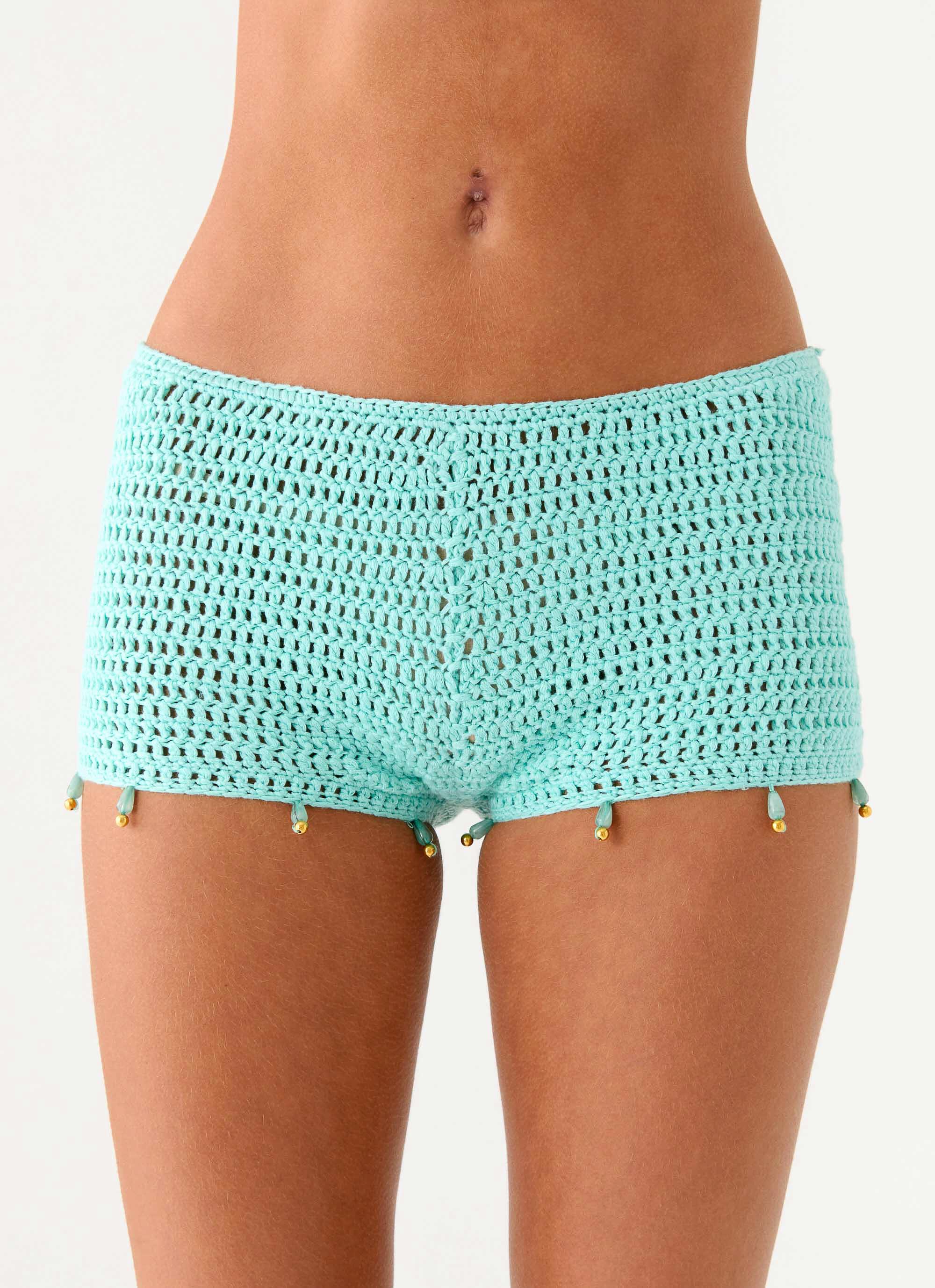 Idalia Beaded Crochet Shorts Blue