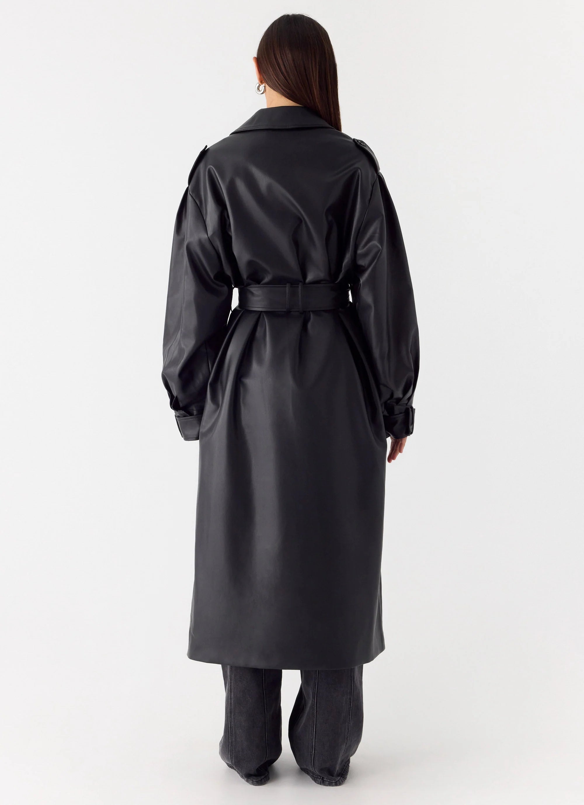 Out On The Town Faux Leather Midi Trench Black
