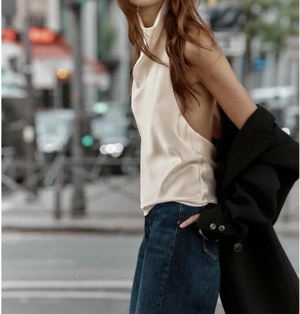 Women Halter Top Cowl Neck Backless Satin Silk Tank Tops Elegant Going Out Clubwear
