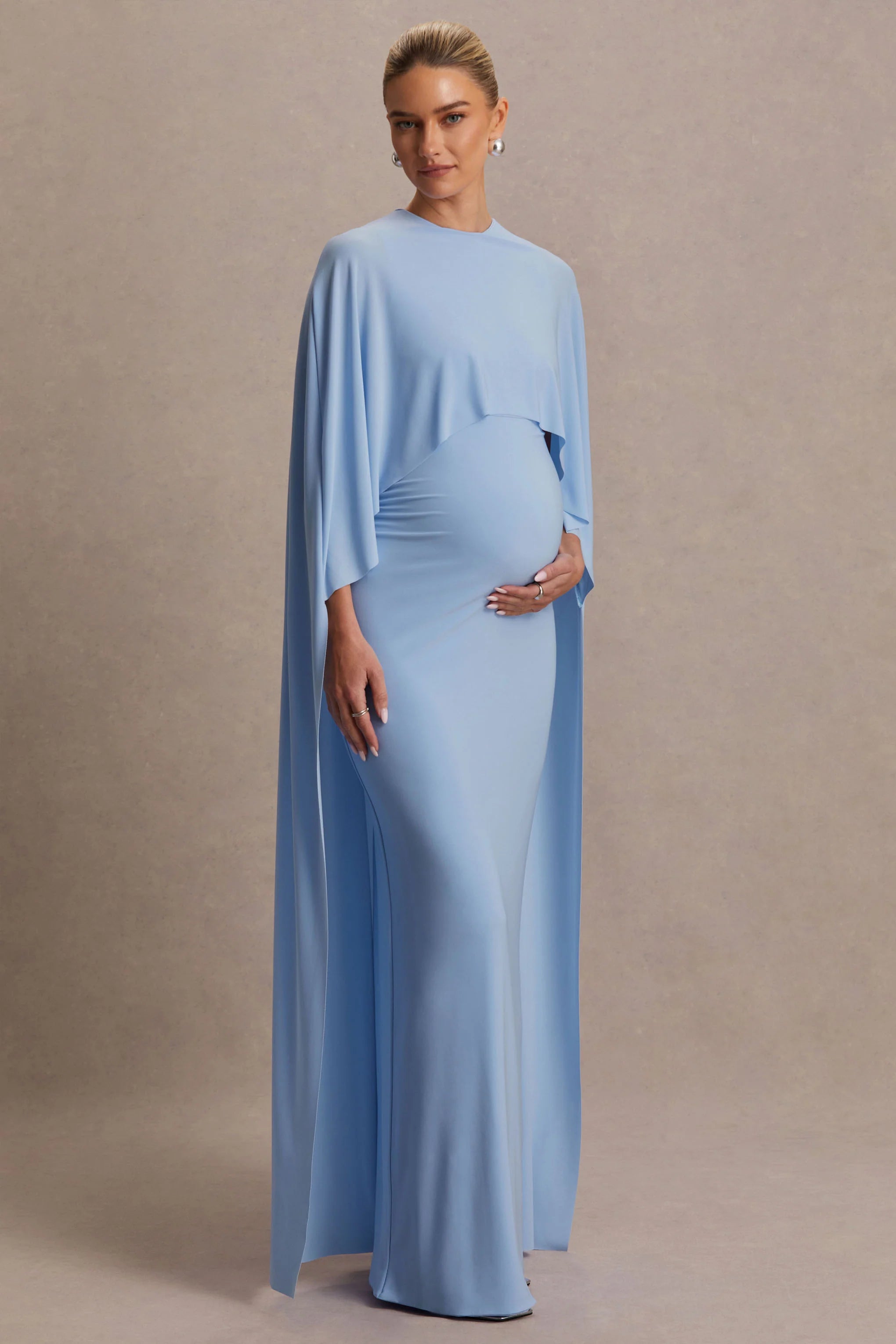 Padma Powder Blue Draped Maternity Maxi Dress With Cape Sleeves
