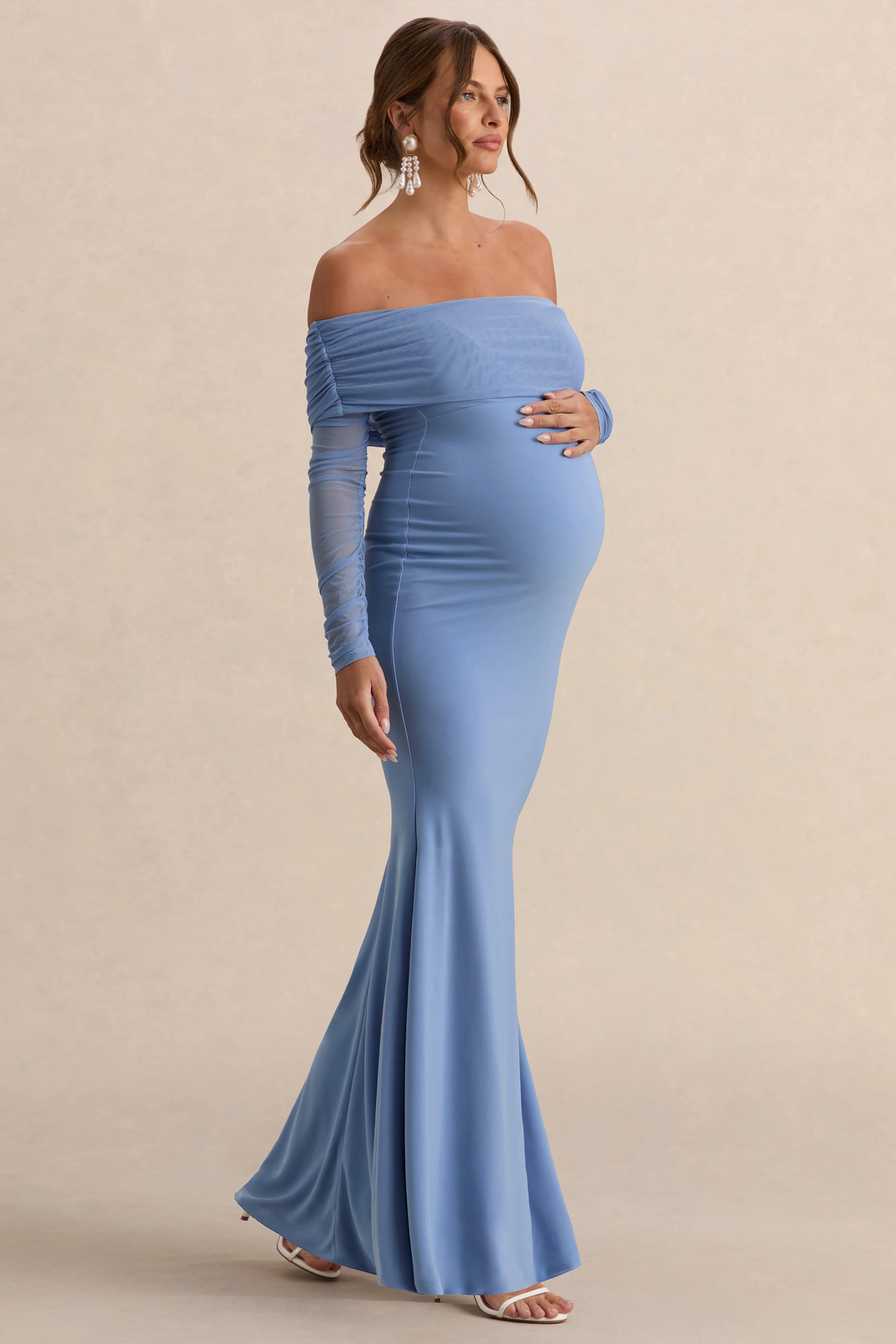 Pretty Perfect Powder Blue Maternity Ruched Mesh Bardot Maxi Dress
