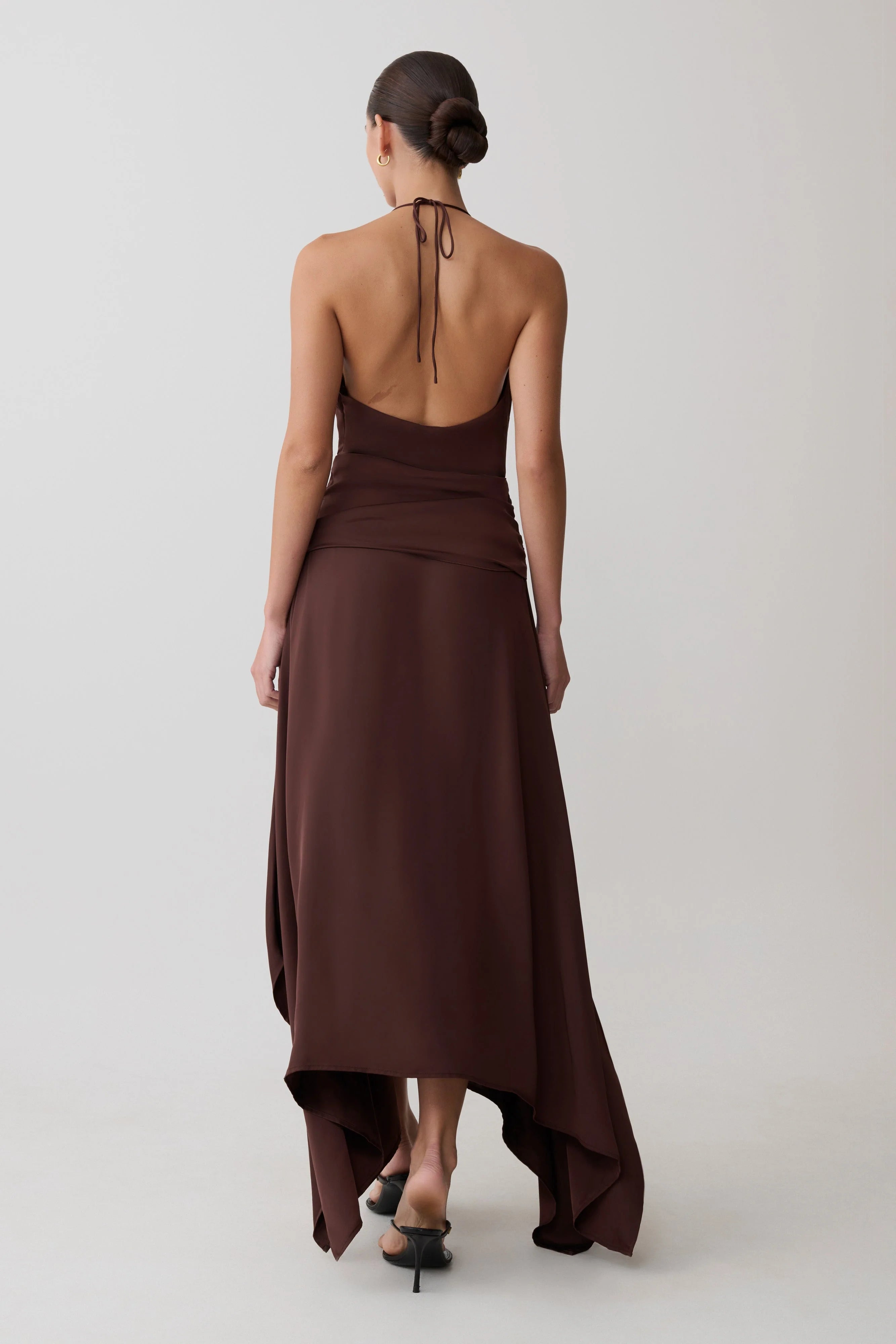 Cyra Plunge Satin Midi Dress Dark Chocolate