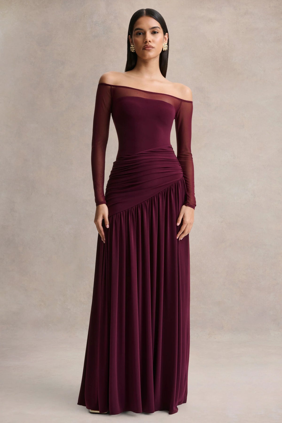Luminary Dark Plum Bardot Neck Maxi Dress With Mesh Sleeves