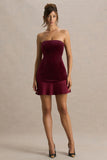 Valentina Burgundy Velvet Bandeau Mini Dress With Pleated Detailing